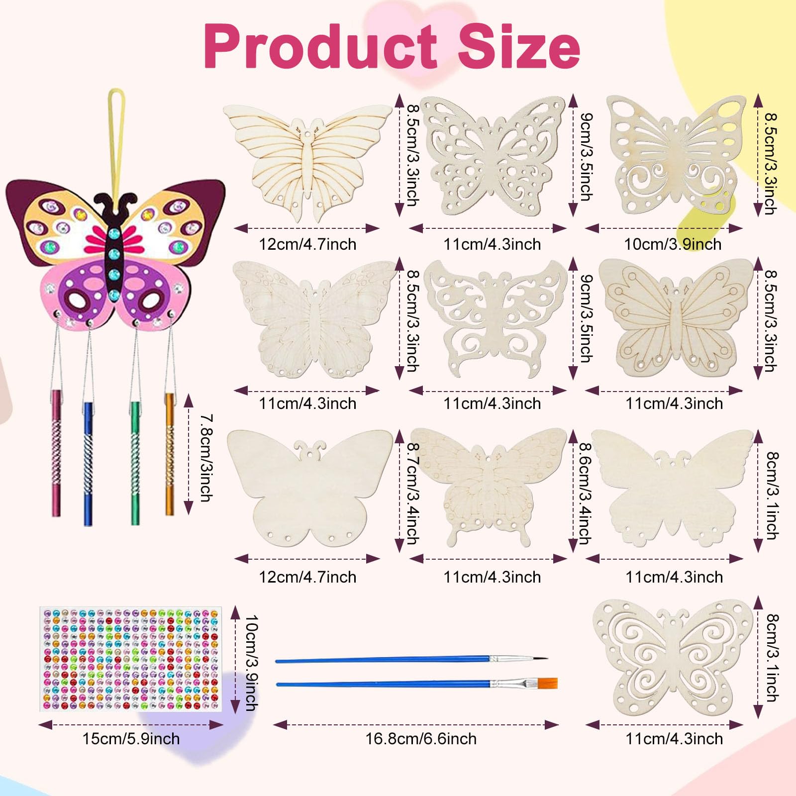 10 Pack Wind Chime, Butterfly Wooden Wind Chimes, Windchimes Crafts for Painting Decorating, Wooden Pretty Craft Kit for Kids - Image 2
