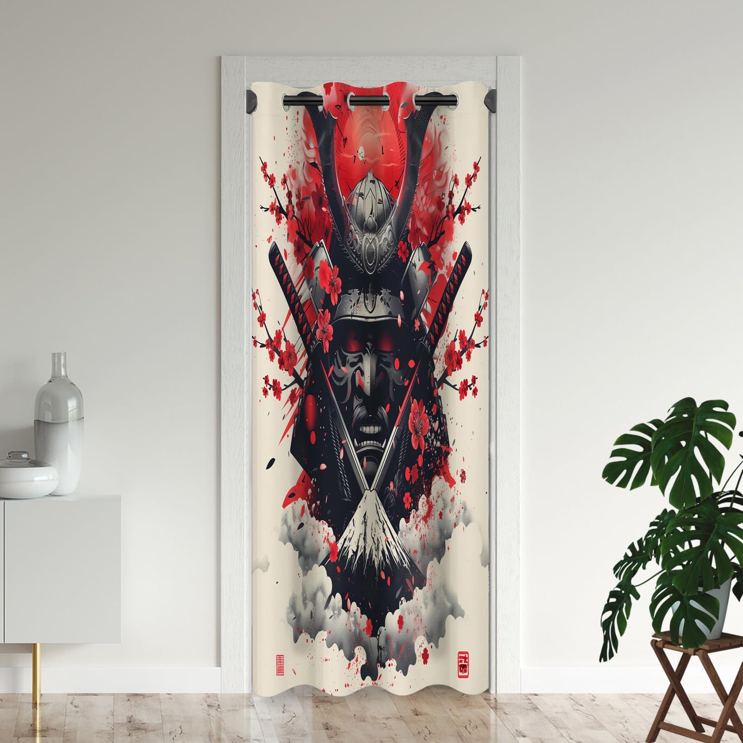 Japanese Samurai Door Curtains for Doorways, Red Trees Mountains Anime Blackout Curtain for Kids Bedroom Closet, Grommet Thermal Insulated Privacy Door Drapes for Room Divider, 34"W x 80"L