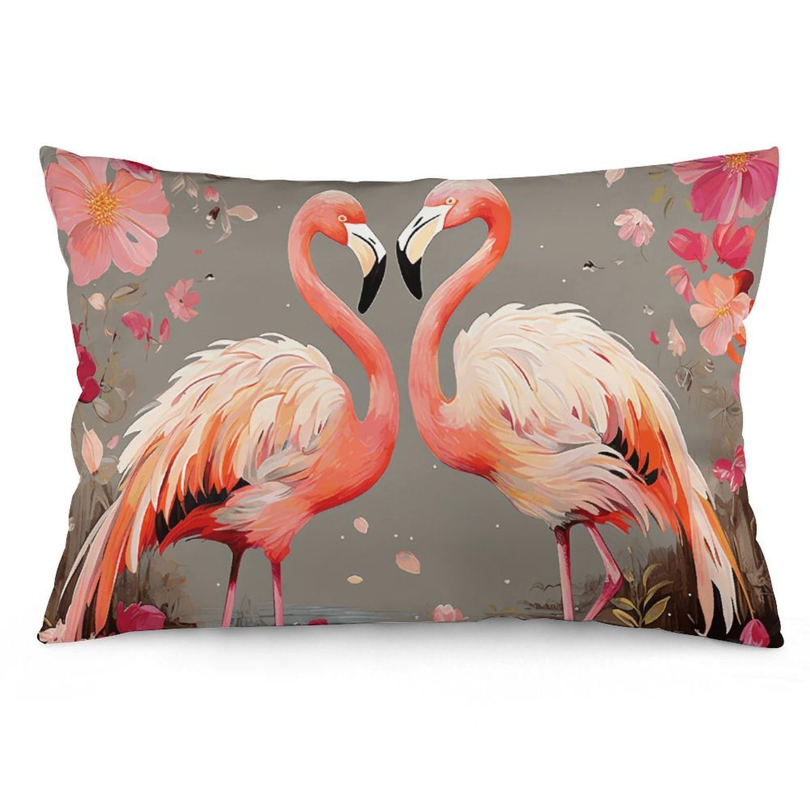 Velvet Pillowcases Standard Size 12 "x20, Ultra Soft Breathable Pillow Cases for Bed, Luxury Cozy Fuzzy Pillow Shams, Lumbar Pillow Cover, Flamingos and Flowers Cushion Case Home Decor