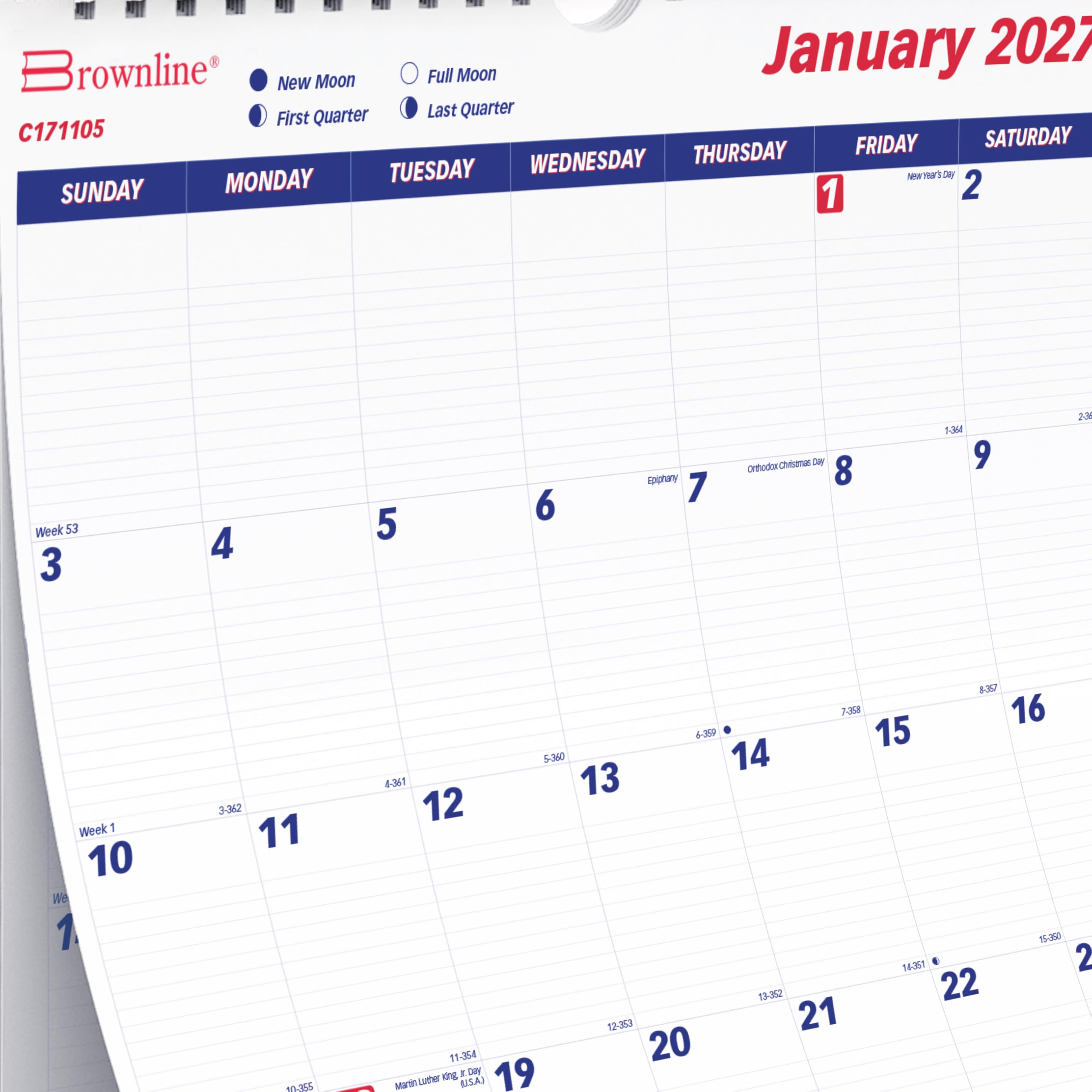 Brownline® C171105 Monats-Wandkalender 2027, 12 Monate, Januar bis Dezember, Doppeldrahtbindung, 50,8 x 76,2 cm