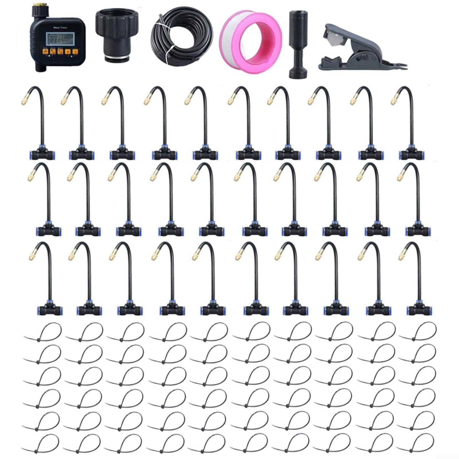 Sistema di irrigazione automatico con timer, ugelli regolabili a 360°, kit di irrigazione a goccia per giardino, connettore rapido, tubo in polietilene (30 m)