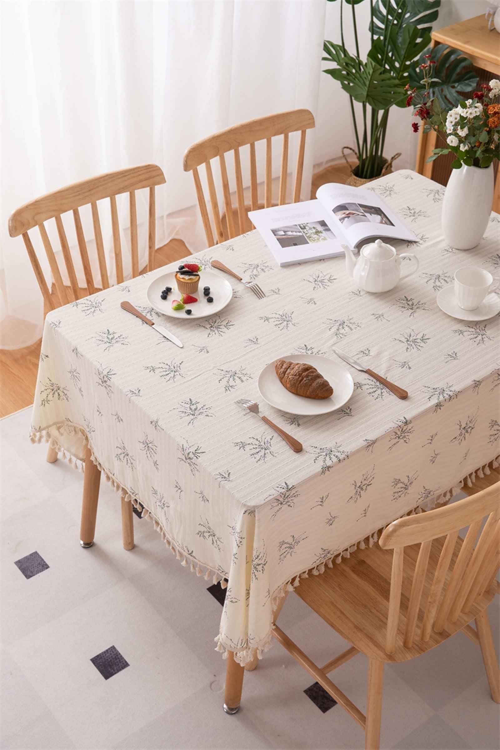 Tovaglia Tavolo Rettangolare Cotone, Tovaglia Elegante Battesimo Beige Fiore Ricamato Copri Tavolo 120X180CM per Soggiorno Cucina