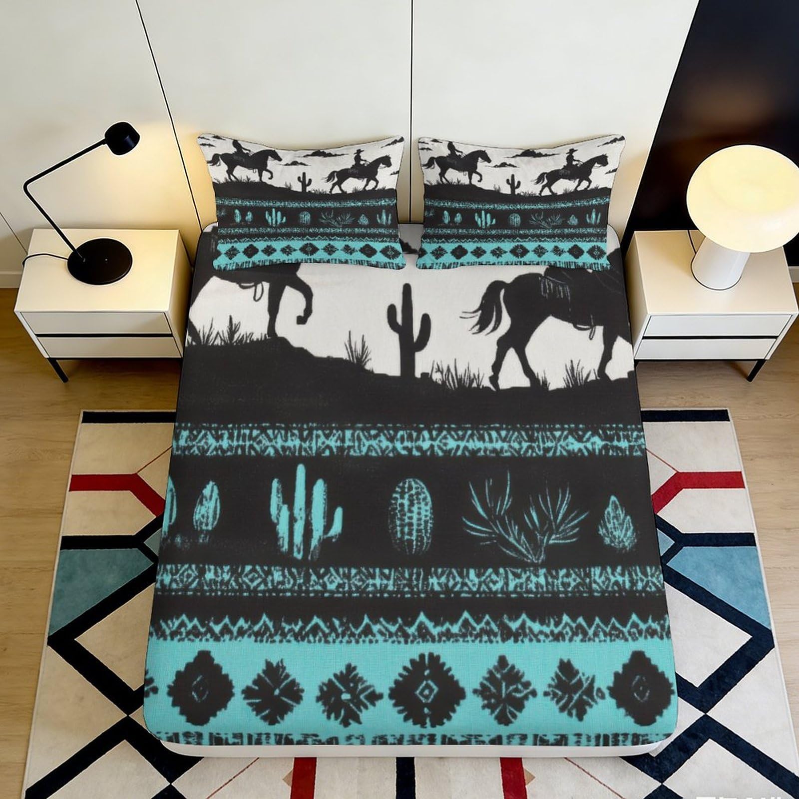 3D Printed Western Landscape Fitted Sheet Microfiber Soft Breathable Desert Horse Bed Cover for Bedroom Dorm Decor 90x200x25cm