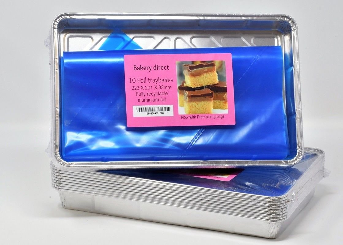 Bakery Direct Ltd 25 Large Foil tray bake containers aluminium recyclable 12 x 8 includes 2 FREE 21" disposable piping bags!