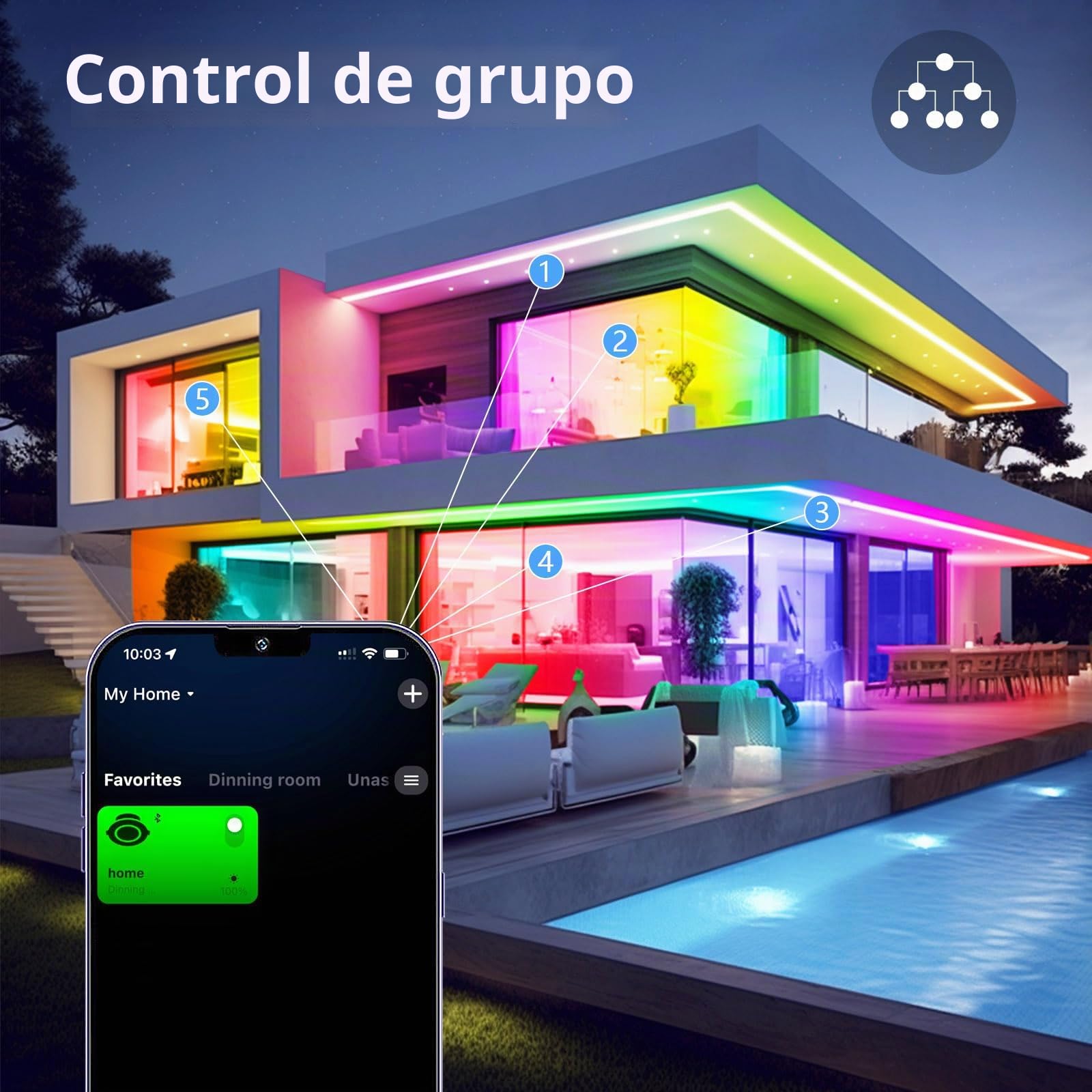 5M COB Wifi Cinta Led,Led Dormitorio RGBWW+IC 784led/M 3920leds 24V, Tira Led RGBWWIC Dinámica Multicolor con Mando a distancia,LED tira funciona con Google Home Assistant/Alexa