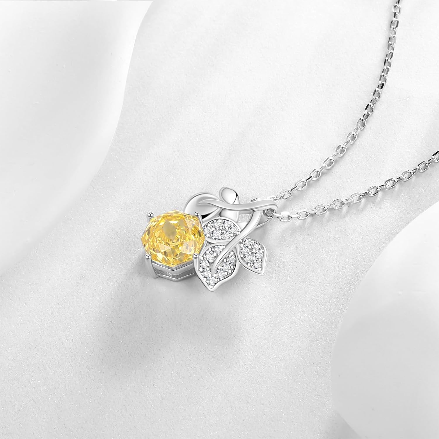 Aurora Tears Birthstone Rose Pendant Necklace - 925 Sterling Silver Rose Cut Cubic Zirconia Flower Leaf Necklace Anniversary Birthday Jewelry Gift for Women Wife Mom Daughter - Image 2