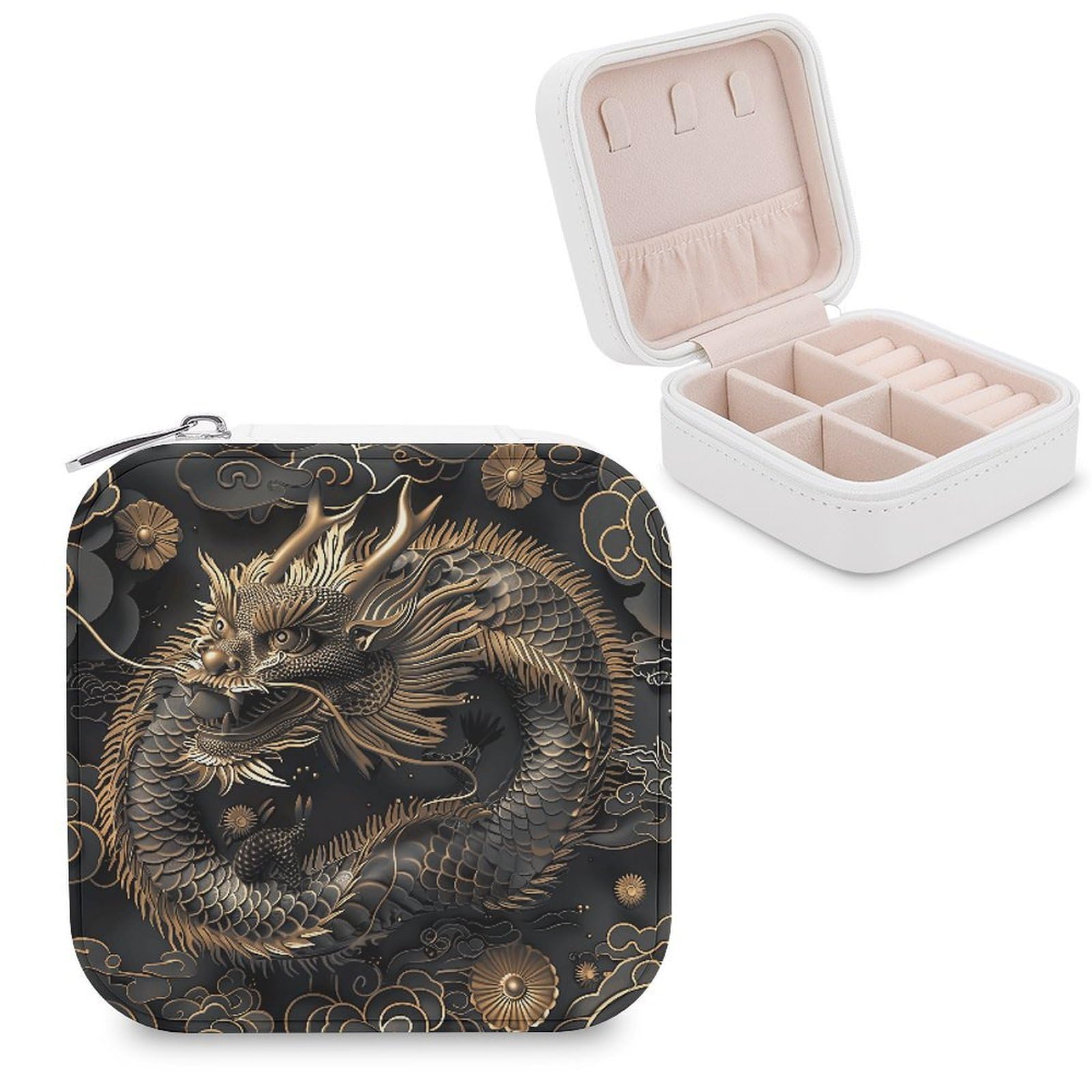 VstaDank Chinese Dragon Style Travel Jewelry Case Zipper Portable Small Jewelry Box Custom Pu Leather Mini Traveling Jewelry Organizer for Rings Earrings Necklace Bracelet Girls Women