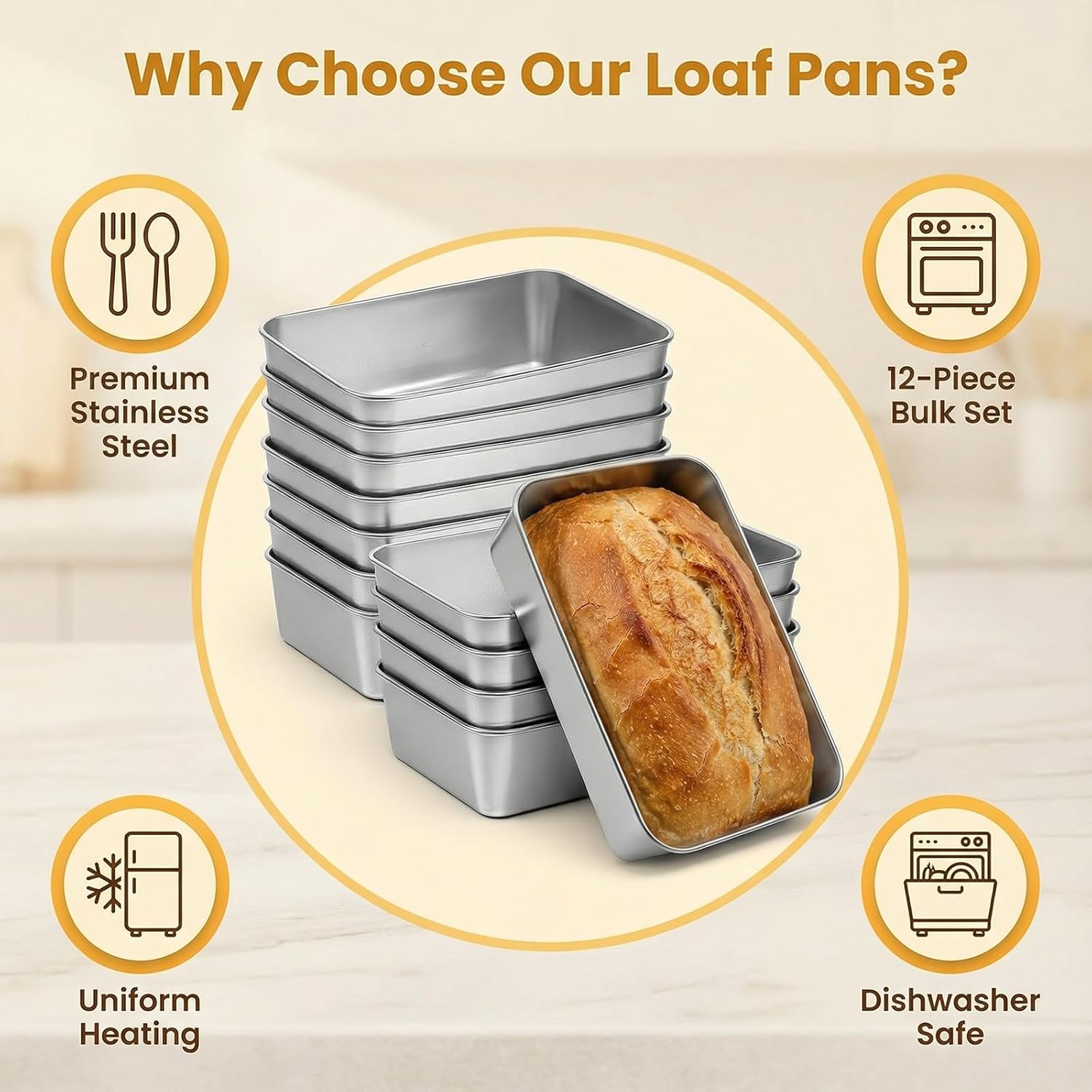 12 Pack 304 Stainless Steel Loaf Pan 8.5 x 5.5 Inch for Baking Bread Sourdough Meatloaf Cake Sandwich Oven & Dishwasher Safe