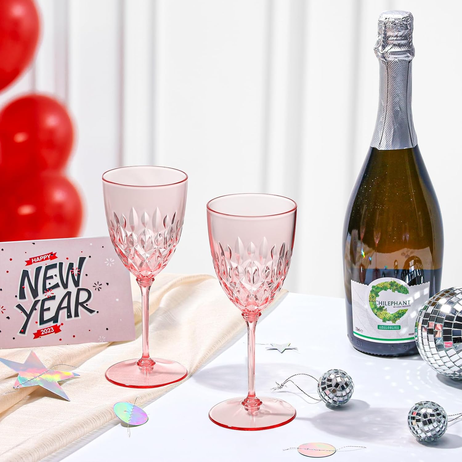 48 pcs Plastic Pink Wine Glasses Bulk 7.4oz Detachable Small Wine Goblet Champagne Flutes Unbreakable Vintage Diamond Stemware Mimosa Drinking Glassware for Wedding Christmas Event Party - Image 5