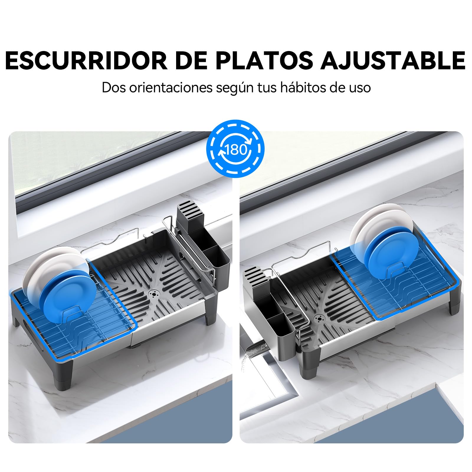 Urackify Escurridor de Platos, Gris | Extensible, Acero Inoxidable, Aluminio, Soporte Utensilios Extraíble, para Encimera