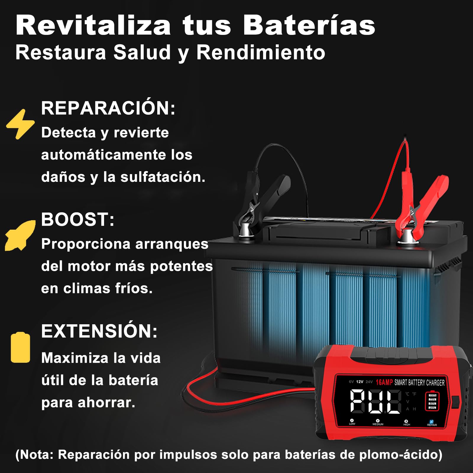 HTRC Cargador Baterias Coche 16A 6V/12V/24V, Cargador de Batería de Coche con Pantalla LCD Compatible con Barcos, SUV, Motocicletas y Baterías Litio, LiFePO4, Plomo-Ácido(AGM, Gel, MF, EFB, SLA, Wet)