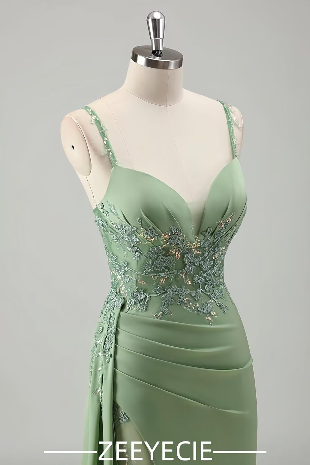 Zeeyecie V-Neck Satin Prom Dresses Mermaid Lace Applique Spaghetti Straps Sparkly Evening Formal Ball Gowns with Slit - Image 8