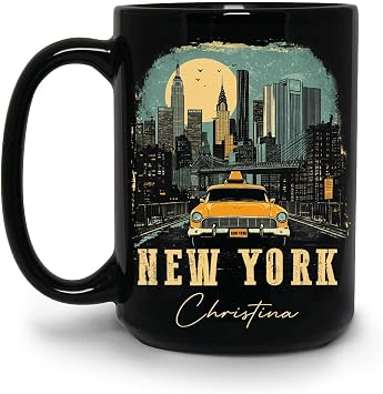 Custom New York Cup With Retro Style, Vintage Landscape Black Mug 11oz Or 15oz, Personalized Name Cityscape Coffee Cup, Gift For Travel Lovers, Customized New York City Ceramic Mug