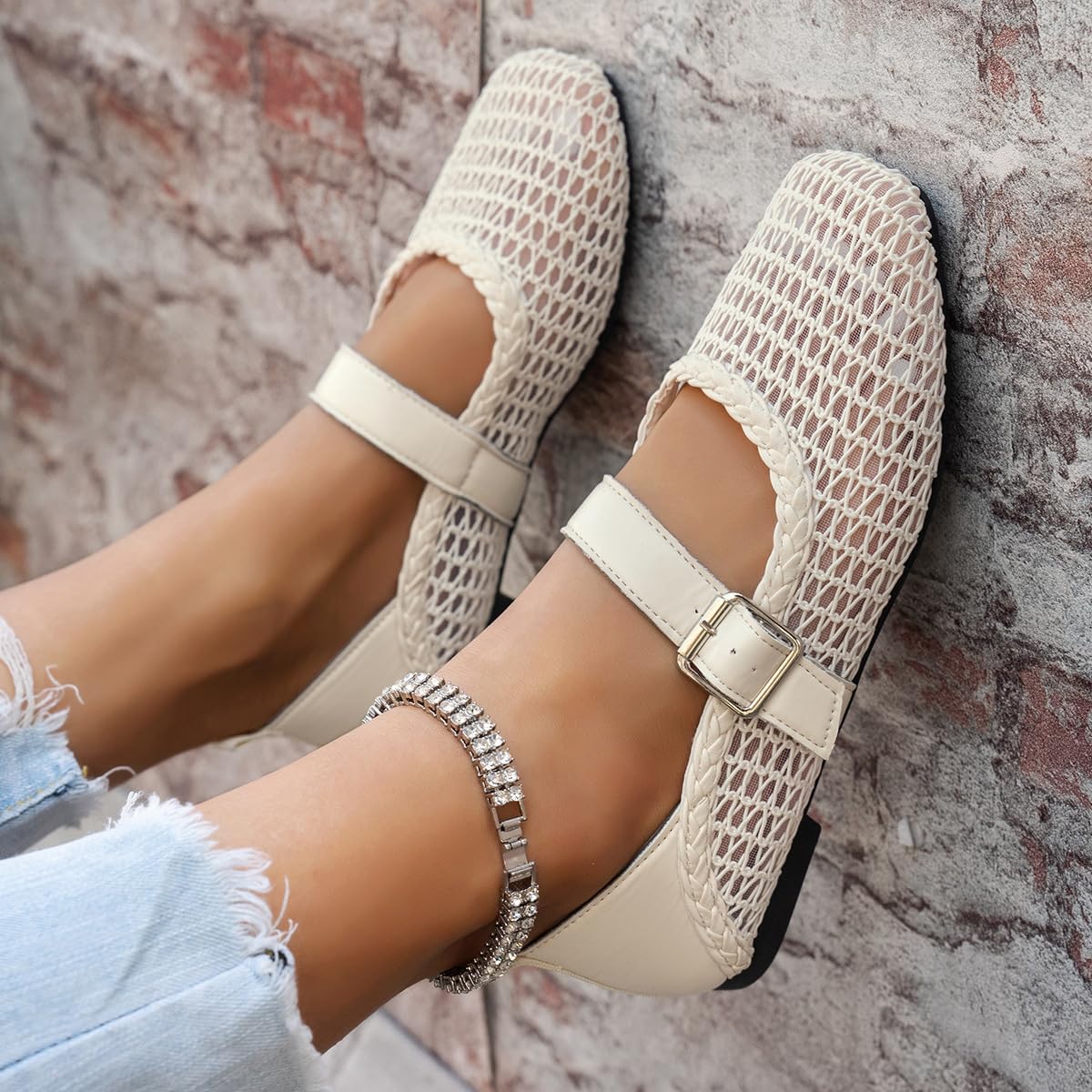 Ballerine in rete da donna, punta quadrata regolabile con cinturino con fibbia larga in tessuto traforato Mary Jane piatte slip-on traspiranti eleganti scarpe casual