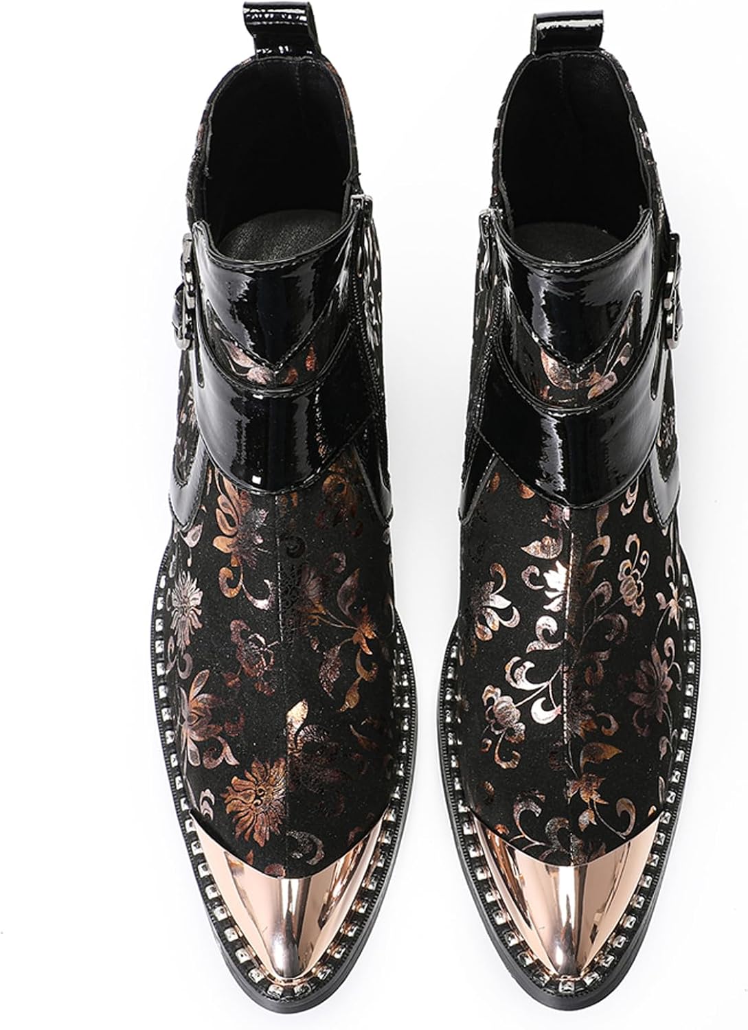 Santimon Men's Floral Leather Metal Pointed Toe Buckle Ankle Chelsea Boots