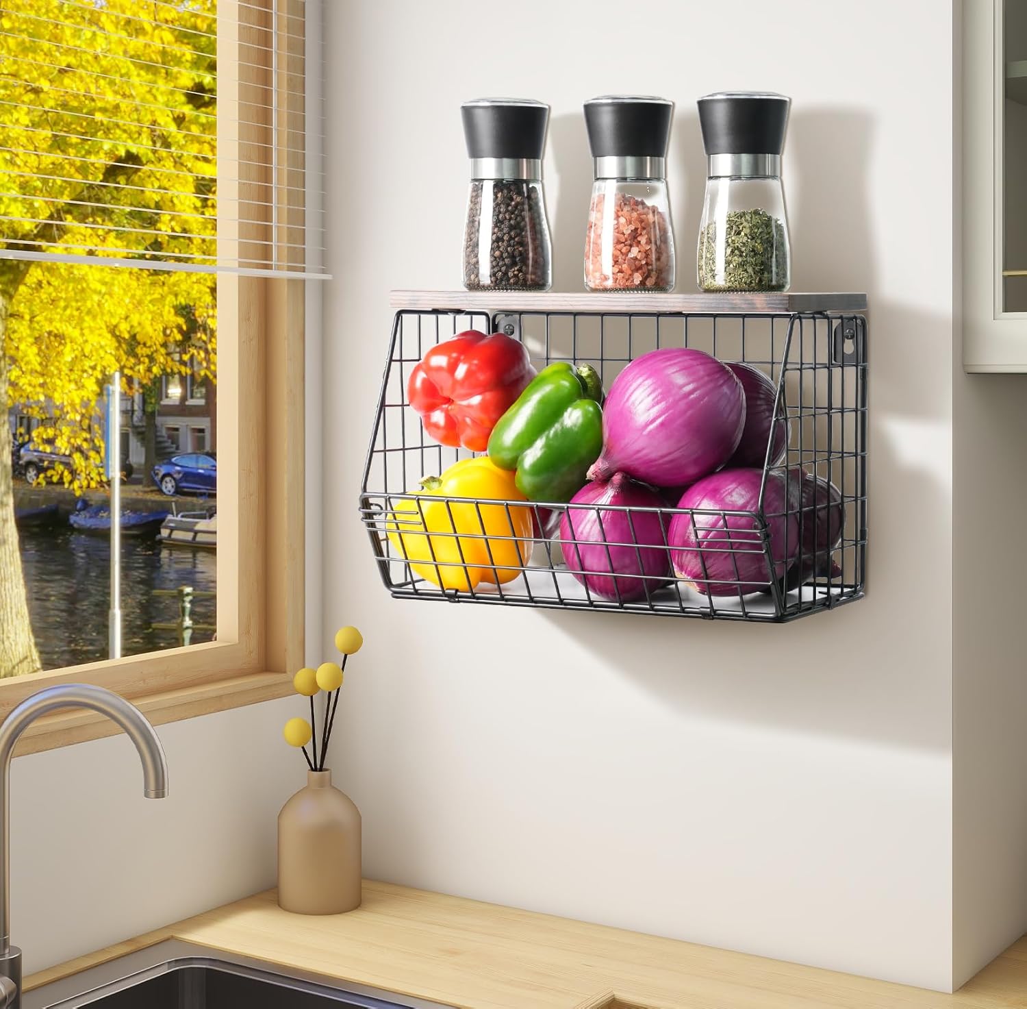 Fruit Bowl for Kitchen Counter Stackable Wall Mounted Hanging Basket Wire Basket with Wood Lid with Banana Hanger Hooks, Onion,Potato,Fruit and Vegetable Storage - Image 2