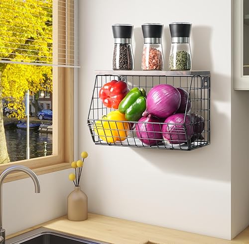Miniatura 2 de Frutero apilable para encimera de cocina, cesta colgante de pared, cesta de alambre con tapa de madera con ganchos para colgar plátanos, cebolla,