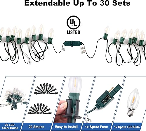 Miniatura 7 de PerPaiMe C9 Luces de camino de Navidad al aire libre LED - 24.2 pies Cadena de luces con 20 bombillas, luces impermeables de camino de Navidad con