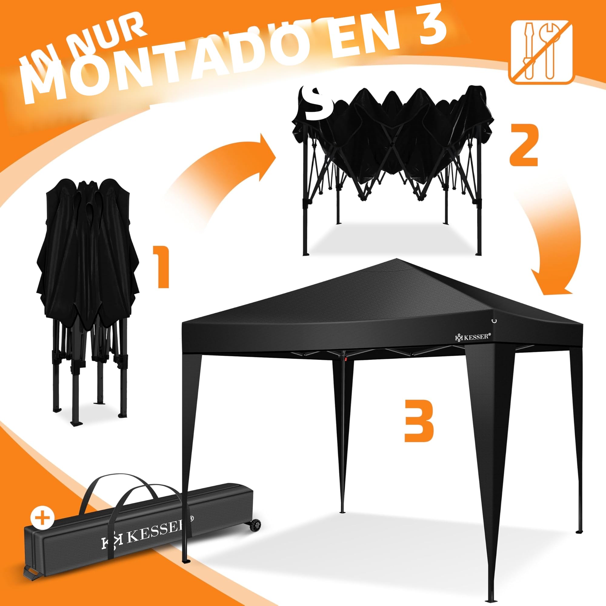 KESSER® Carpa Plegable 3x3m | Pop-Up Regulable en Altura Estable Impermeable Resistente al Invierno | Protección UV 50+ Incluye Bolsa con Ruedas y Anclaje al Suelo - Negro/Negro