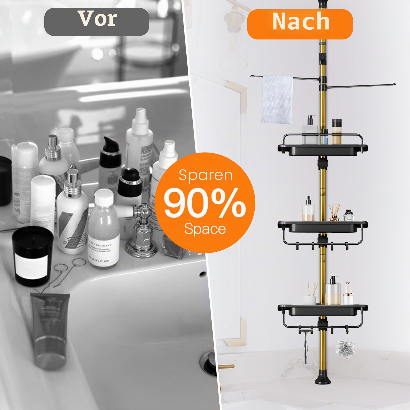 Upgrade Stabiler Dusch-Caddy mit Spannstange, Schwarz und Gold, Eck-Dusch-Caddy 18/8 Edelstahl, rostfrei, 4 Etagen, verstellbare Ablagen für Badewanne, Shampoo, Zubehör, Aufbewahrungsregal,