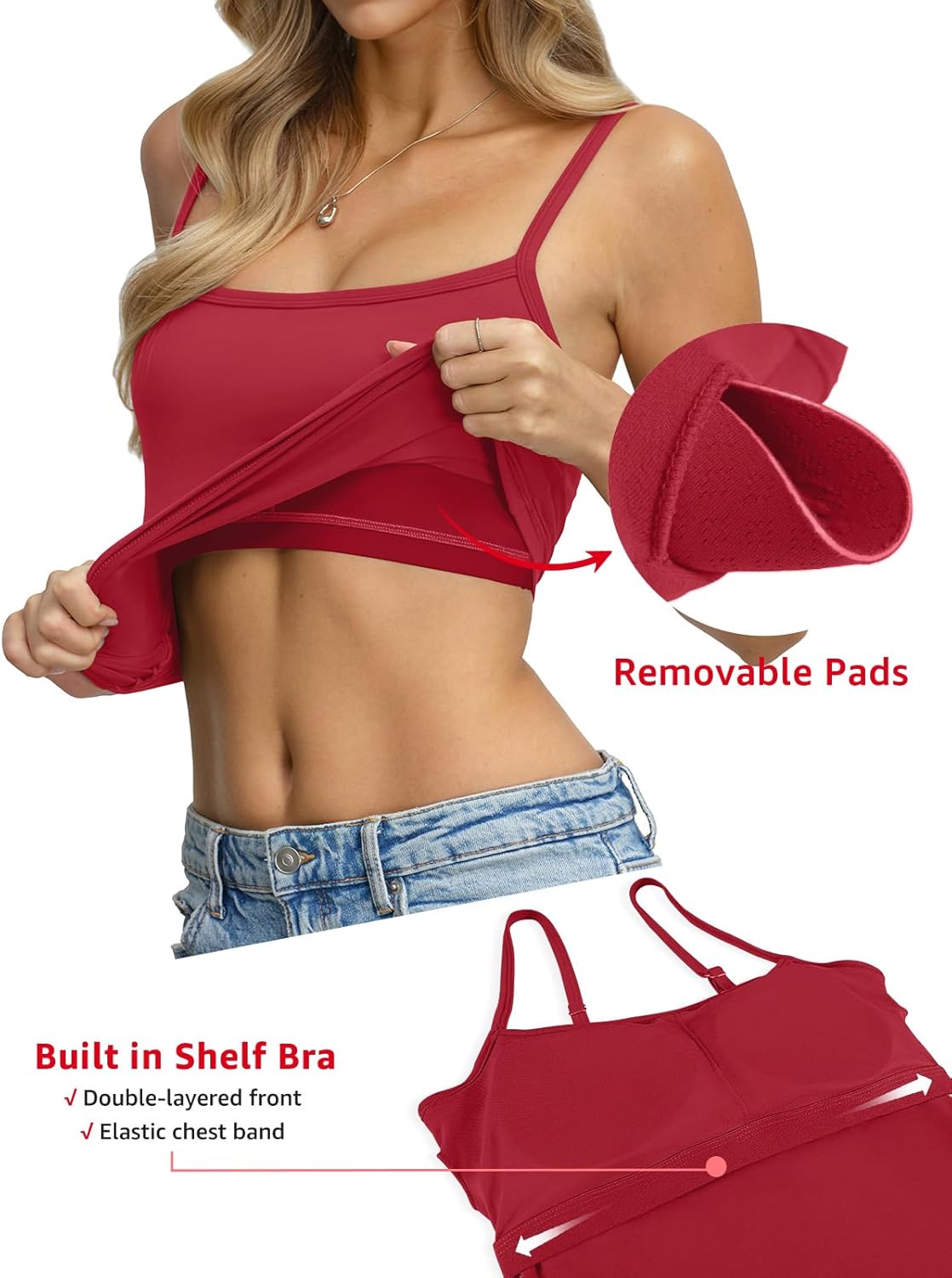 Womens Built in Shelf Bra Padded Tank Tops Spaghetti Strap Square Neck Crop Tops Tight Camisole Shirts - Image 4