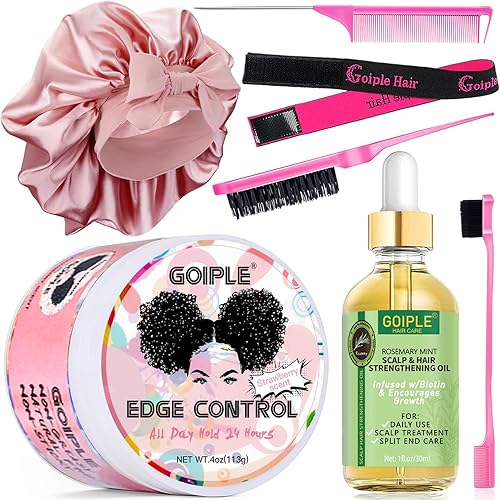 Edge Control Wax Strong Hold Non-greasy Hair Styling Gel - Edge Wax No Flaking Edge Control for Black Hair Edge Wax for Women Rosemary Hair Oil for Hair Growth Edge Brush Hair Braid Bonnet(7pcs)