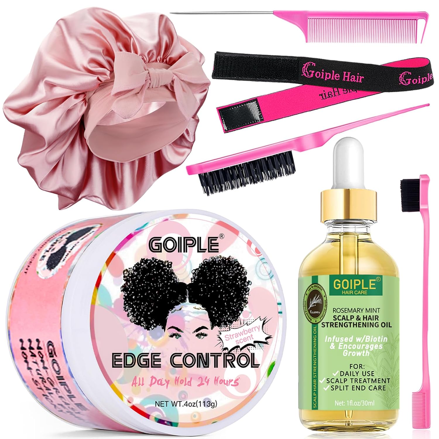 Edge Control Wax Strong Hold Non-greasy Hair Styling Gel – Edge Wax No Flaking Edge Control for Black Hair Edge Wax for Women Rosemary Hair Oil for Hair Growth Edge Brush Hair Braid Bonnet(7pcs)