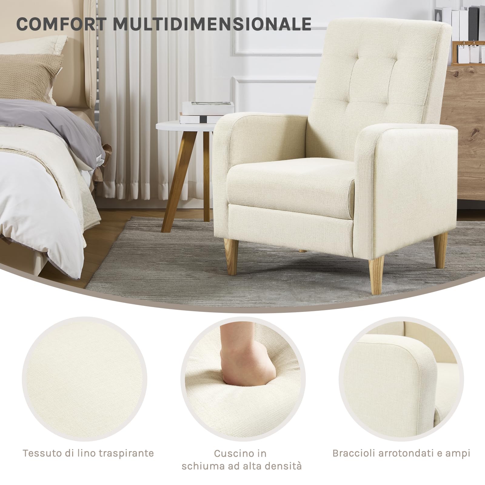 WOLTU Poltrona da Salotto, Poltrona Relax con Schienale Alto, Sedia di Relax con Pieno Legno Massello Piedi, Seduta Imbottita, Rivestimento in Lino, per Salotto, Ufficio, Beige, SKS41be