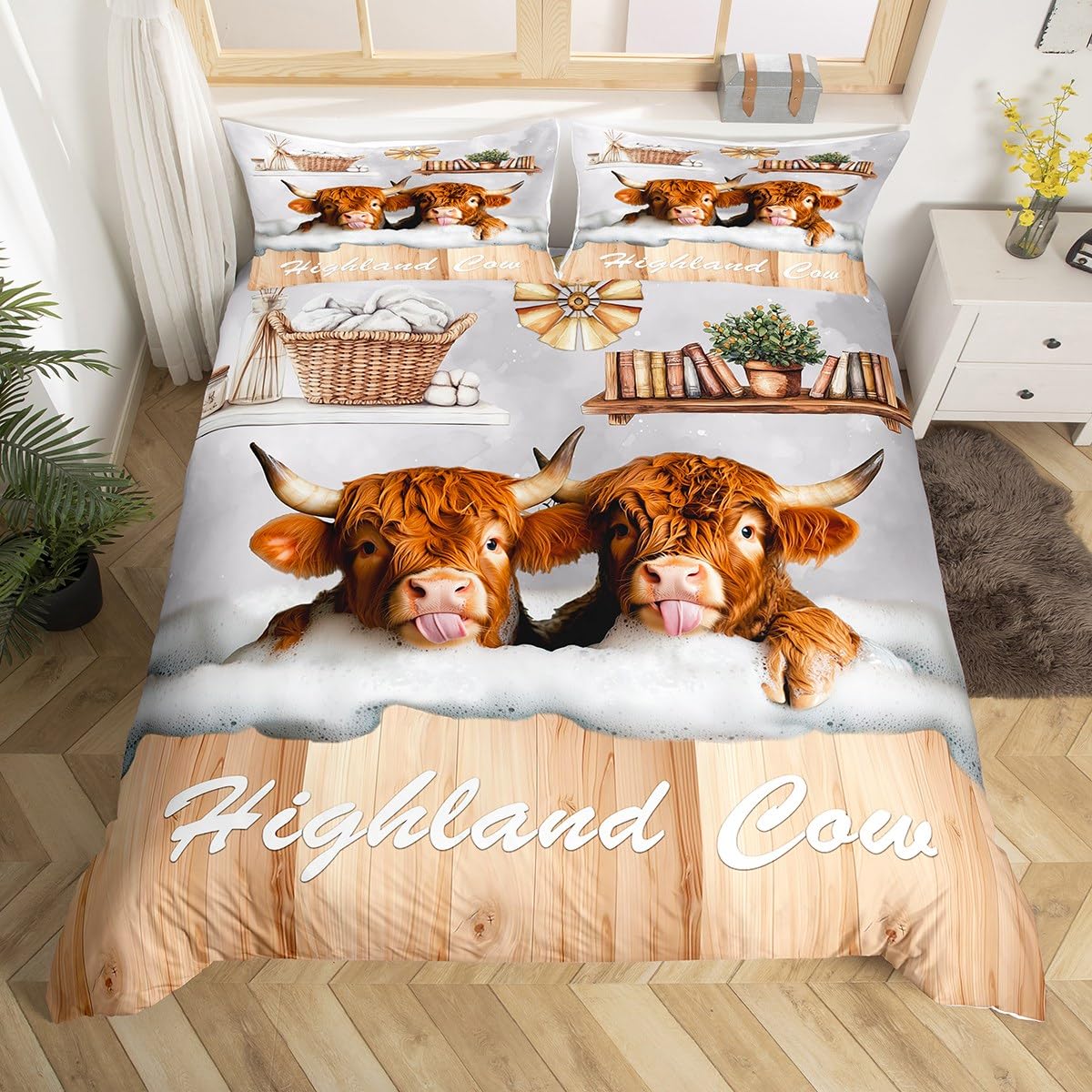 Homemissing Cute Highland Cow Duvet Cover Set Cot Size For Kids Boys Girls Teens Farm Highland Cattle Bedding Set Rustic Farmhouse Duvet Cover with 1 Pillowcase