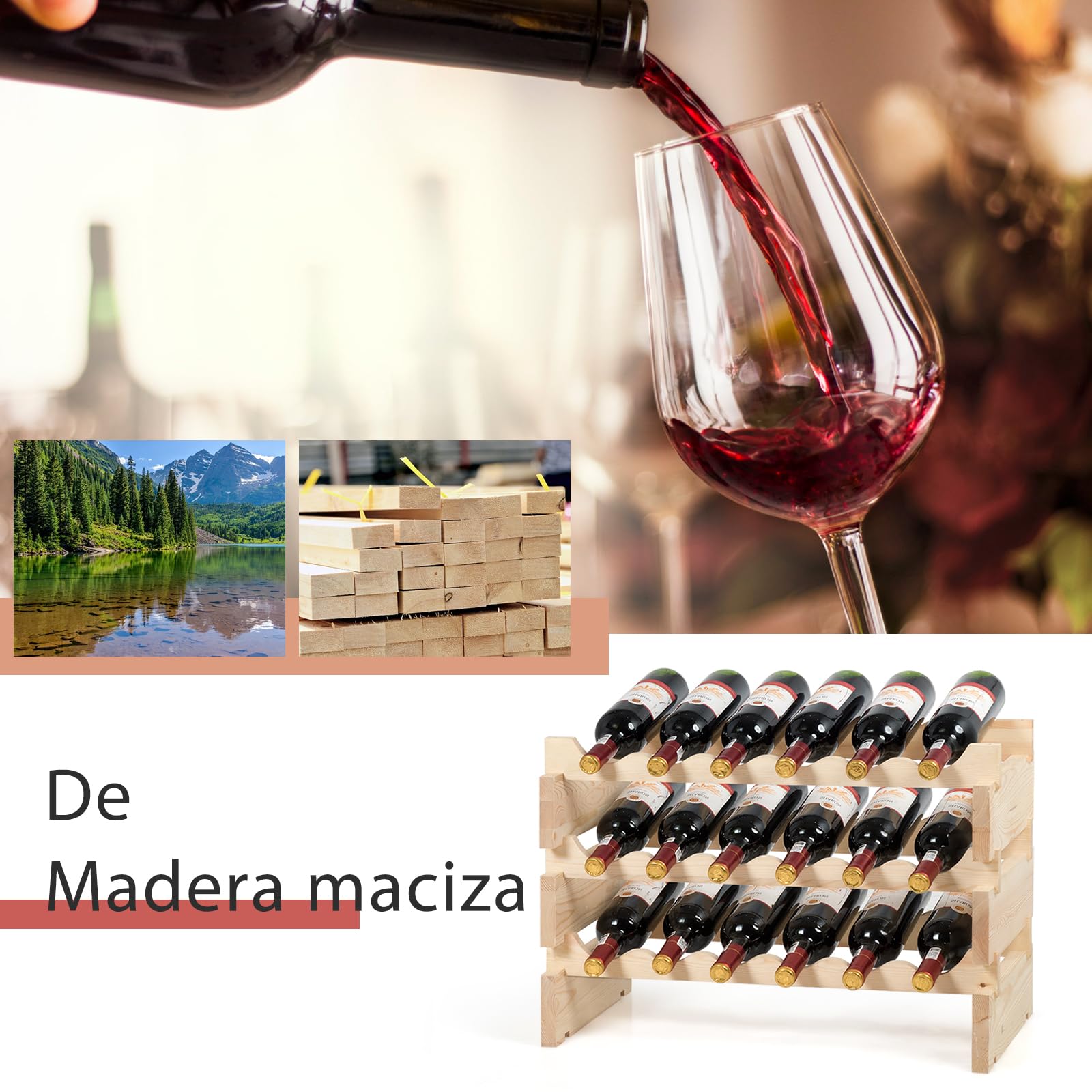GOPLUS Botellero de Vino de Pino para 36 Botellas, Botellero Vertical con 6 Niveles Apilable, Diseño Inclinado, Estantería Compacta para Cocina, Bar, Bodega y Hogar, Gran Espacio, 63x28x85 cm, Natural