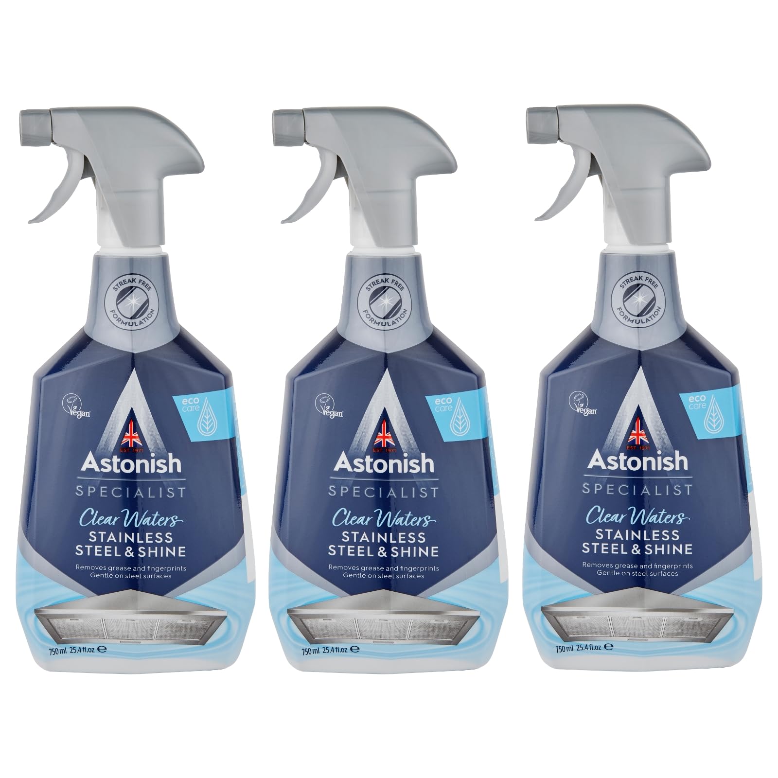 Astonish Specialist Stainless Steel and Shine Spray, for Polished Surfaces, Clear Waters, 3 x750ml