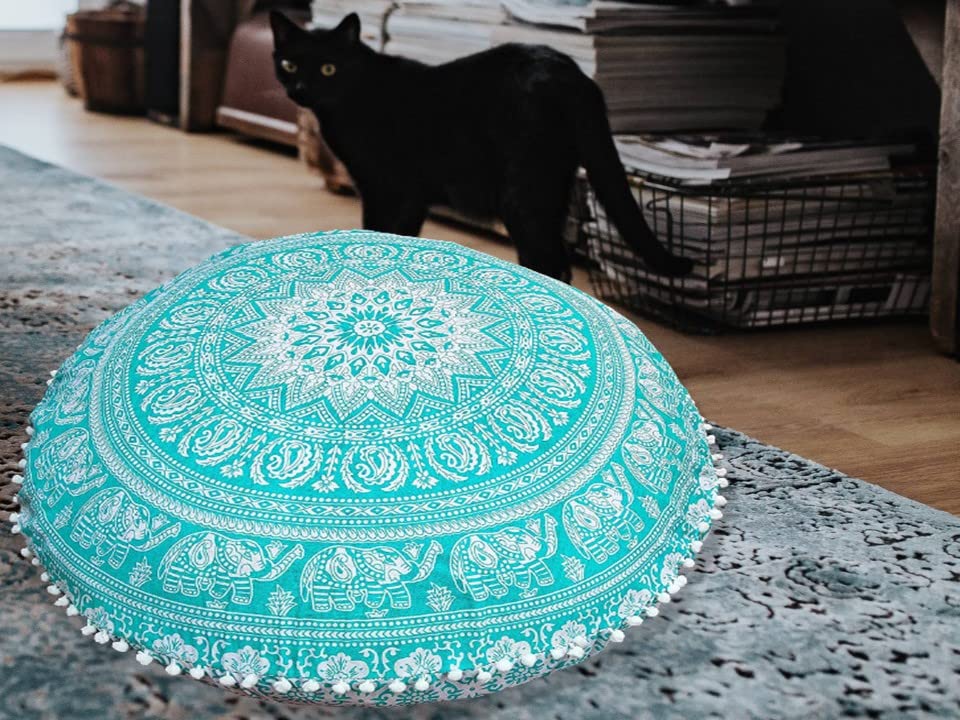 My Dream Carts Round Floor Pillows “Cover Only” Elephant Print Meditation Pouf Case Mandala Cushion Covers Hippie Boho Star Throw Pillowcase Flower Design Home Decor (32” Pillow Cover ,Without Filler)
