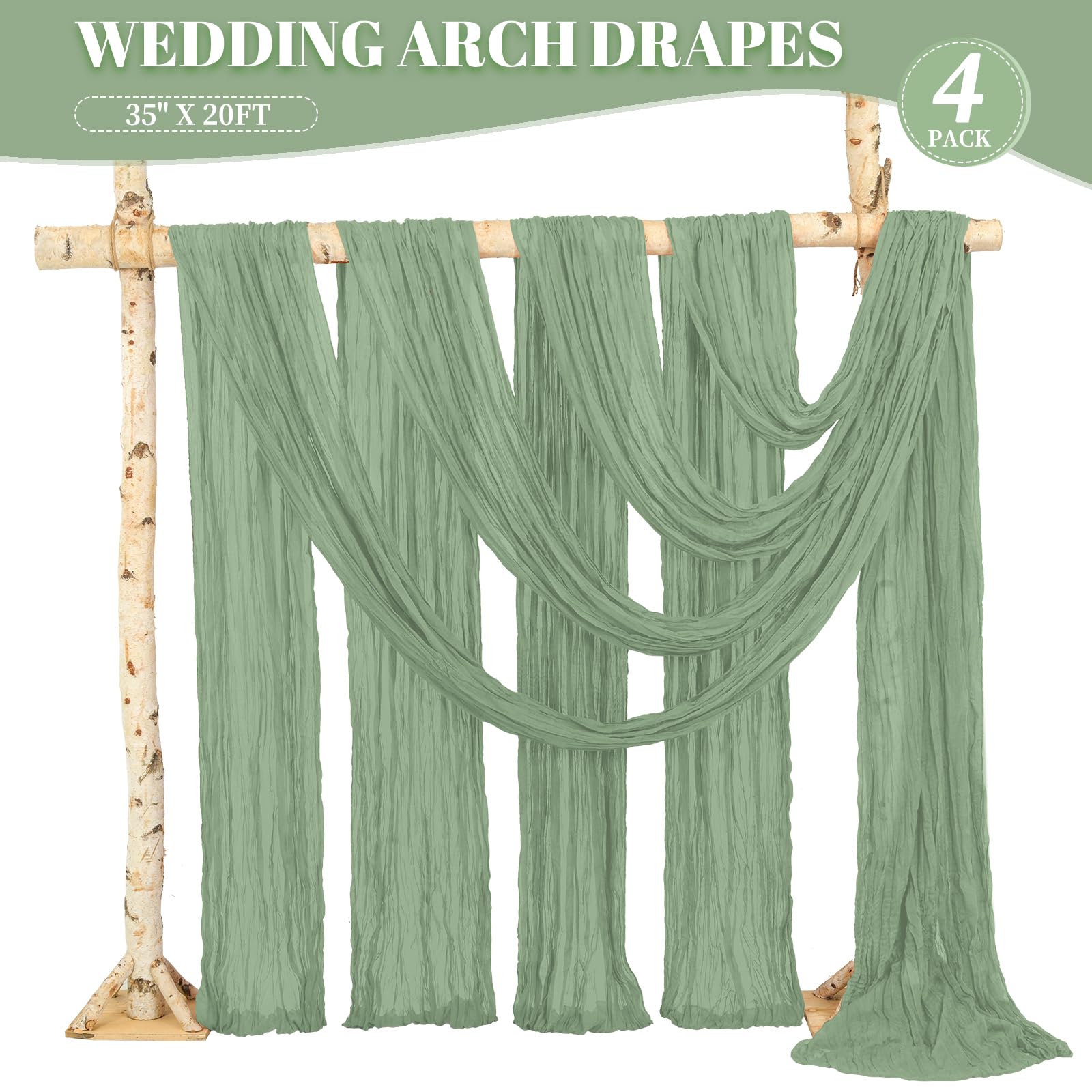 Vorhangstoff für Hochzeitsbögen, 4 Paneele, 6 m, Salbeigrün, Seihtuch, Stoff, Vorhang, Laube für Hochzeit, Seihtuch, Hintergrund, Vorhänge für Zeremonie, Party, Decke