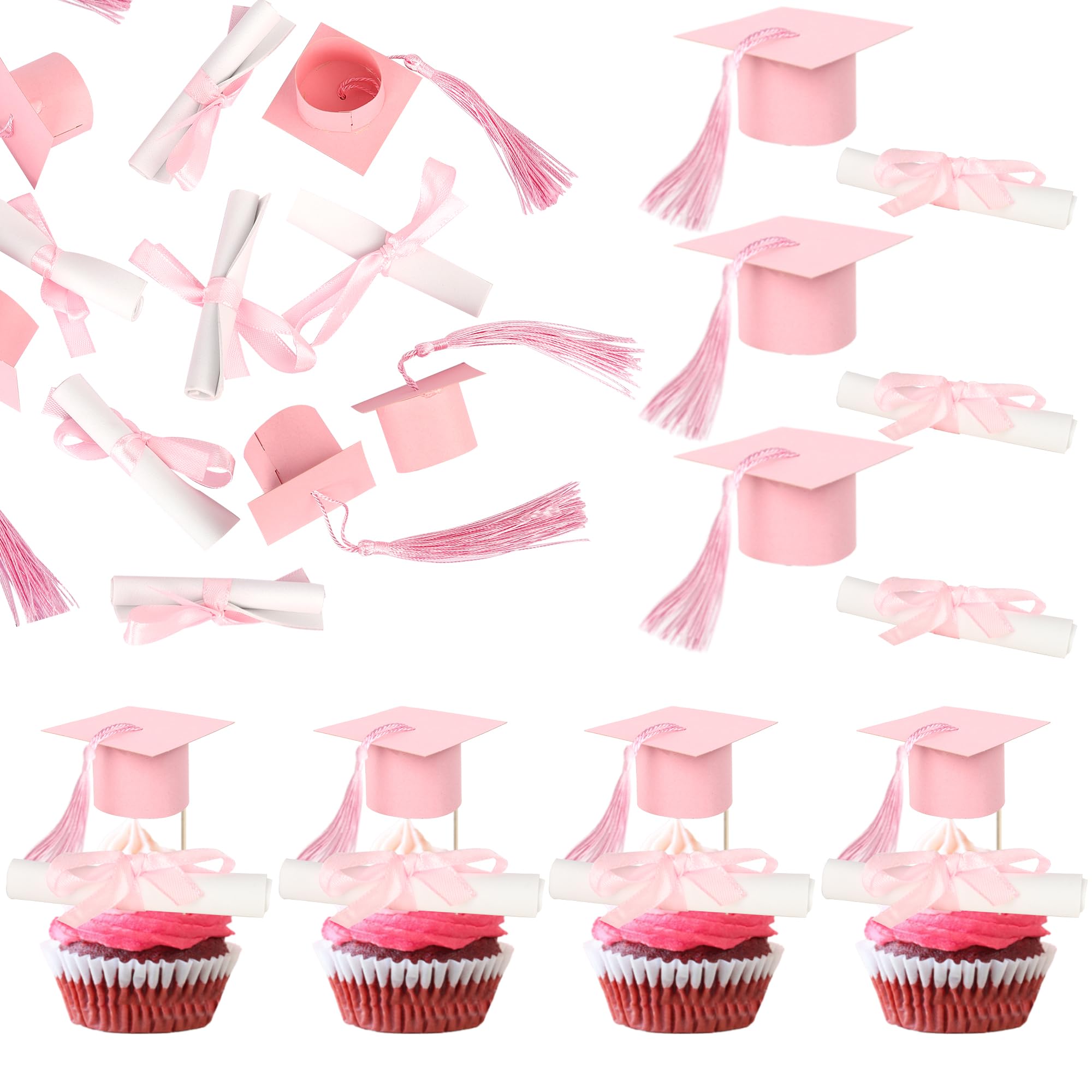 Xsstarmi 24 Pack Congrats Grad Cupcake Toppers Diploma Done Grad Cap Cupcake Picks Class of 2026 Graduation Cupcake Decorations for Prom 2026 Graduation Theme Party Cake Decorations Pink