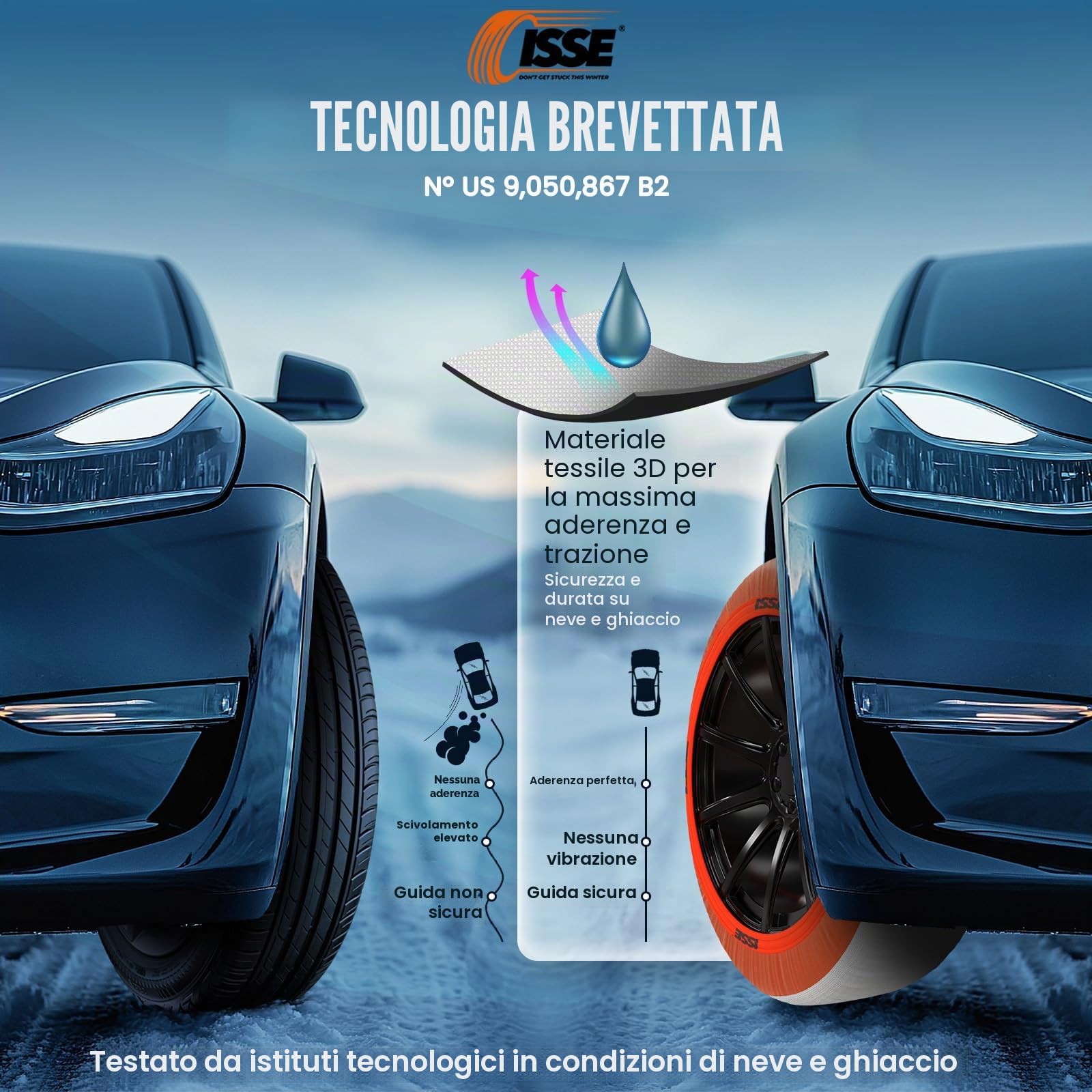 ISSE Super T 70 - Calze da Neve Omologate Italia EN 16662-1 – Catene da Neve Tessili Facili da Installare - Resistenti - Kit con 2 Calze da Neve e Guanti