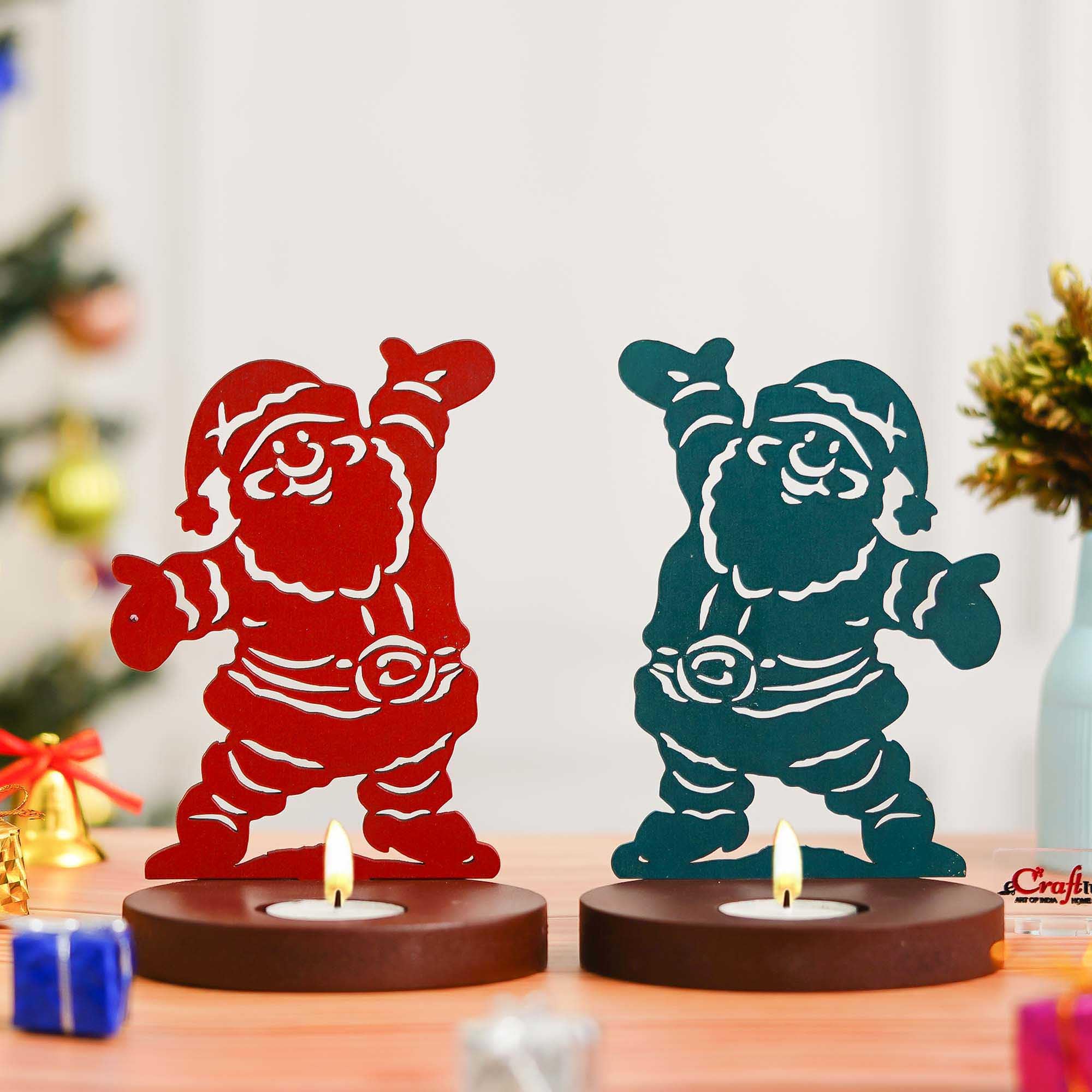 Christmas Decor Santa Claus Showpiece Decorative Tea Light Candle Holders (Set of 2 Wooden Red Green) | Christmas Decorations Items for Home Office Xmas Gifts for Women Men Family Friends