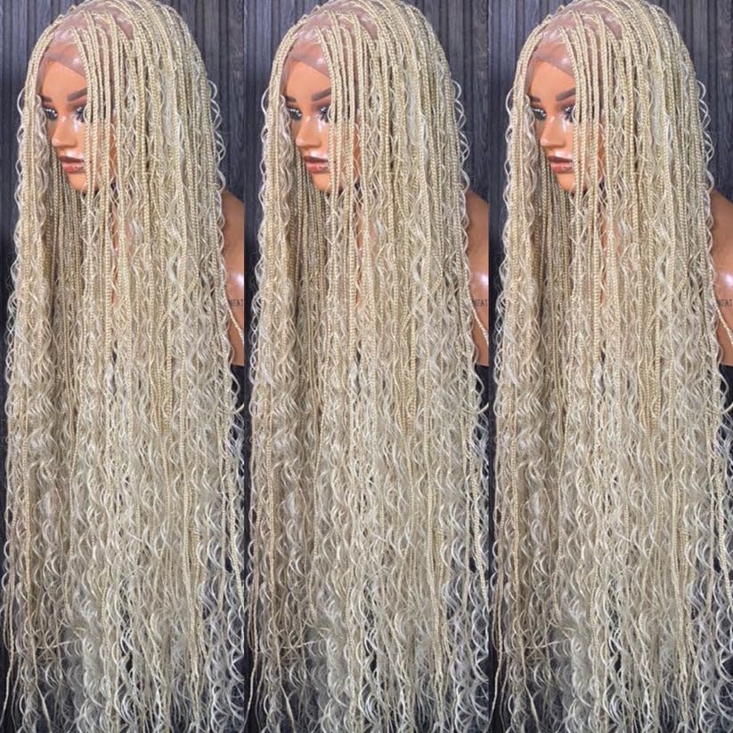 HOL BEAUTY-Boho Knotless Braided Wig – Full Lace 40” Handmade Lightweight Natural Look (Black, Small)