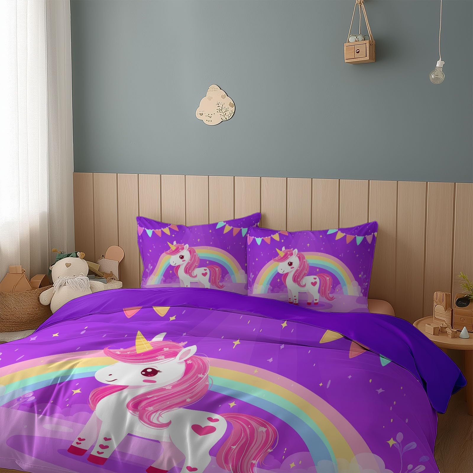 Poszwa na kołdrę 220 x 240 cm z 2 poszewkami na poduszki 65 x 65 cm - Cartoon Rainbow Animal Fioletowy Jednorożec Pościel - z miękkiej, oddychającej i wytrzymałej mikrofibry, z zamkiem błyskawicznym