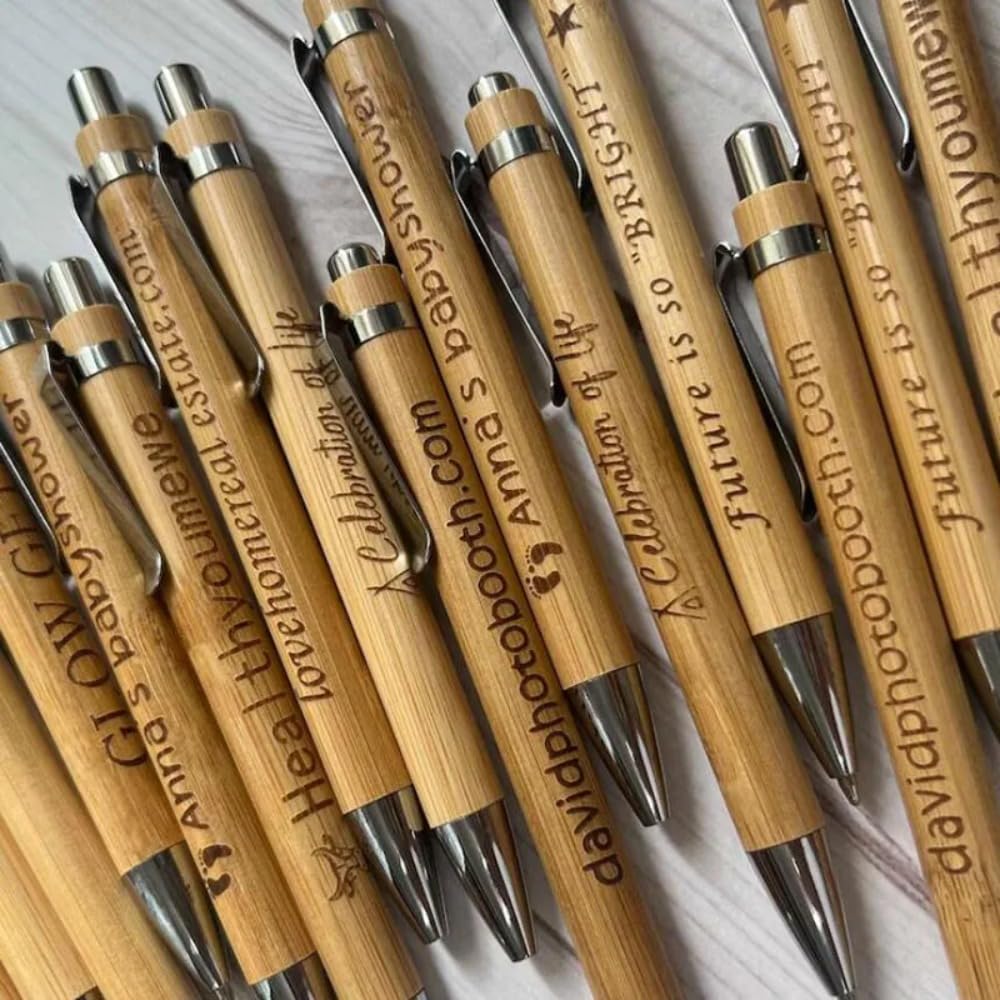 Bolígrafos retráctiles de madera de bambú personalizados, bolígrafos de tinta negra grabados, con nombre personalizado, logotipo para regalos, escritura, suministros escolares de oficina (100