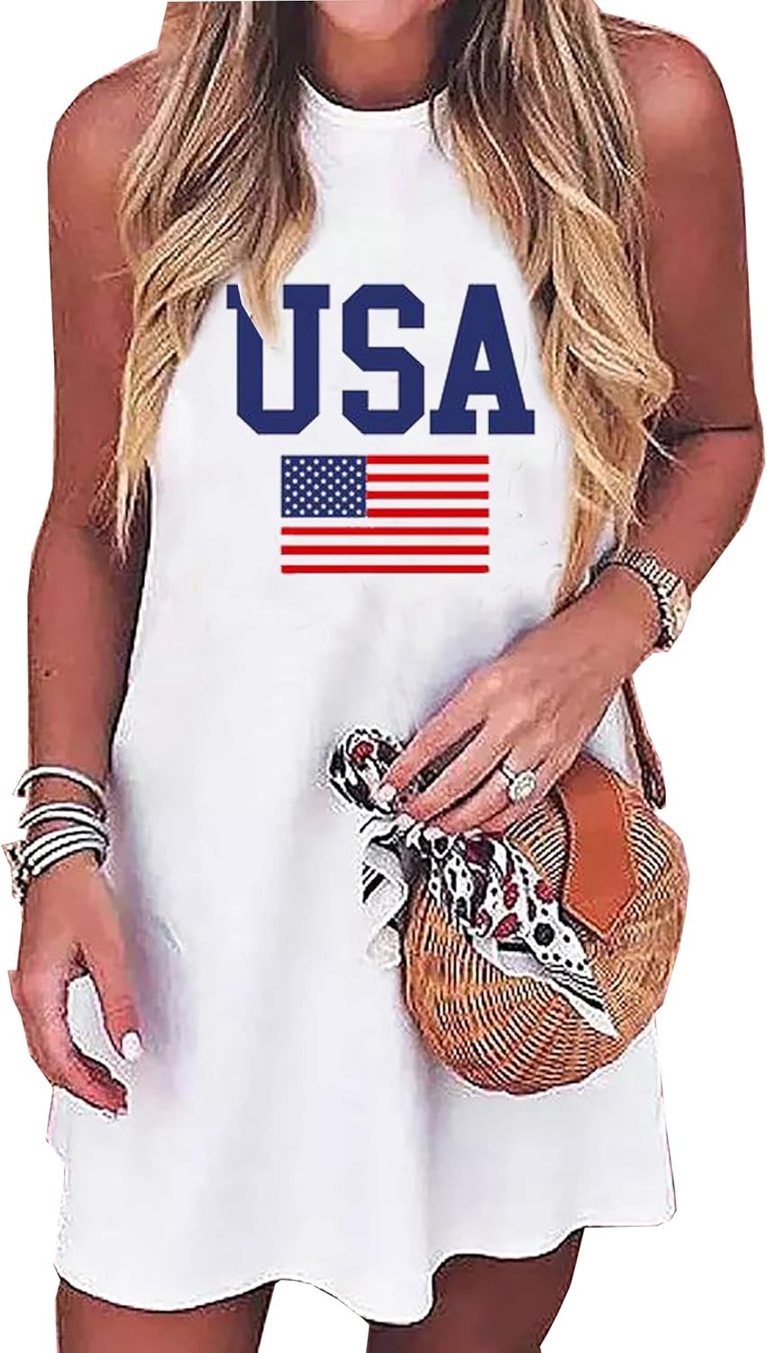American Flag Tank Dress for Women 4th of July Patriotic Graphic Sleeveless Mini Dress Casual Vacation Short Dresses