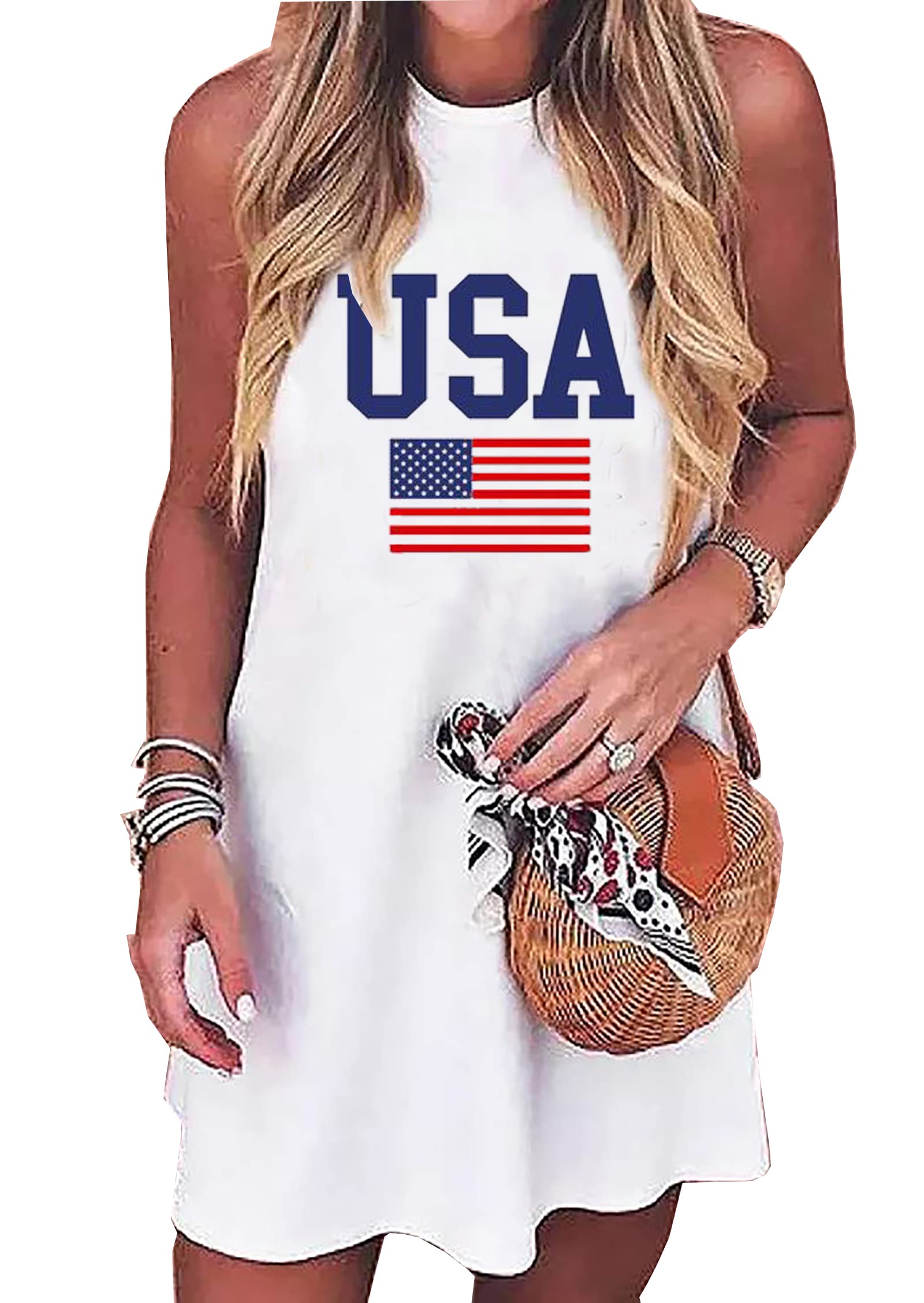 American Flag Tank Dress for Women 4th of July Patriotic Graphic Sleeveless Mini Dress Casual Vacation Short Dresses