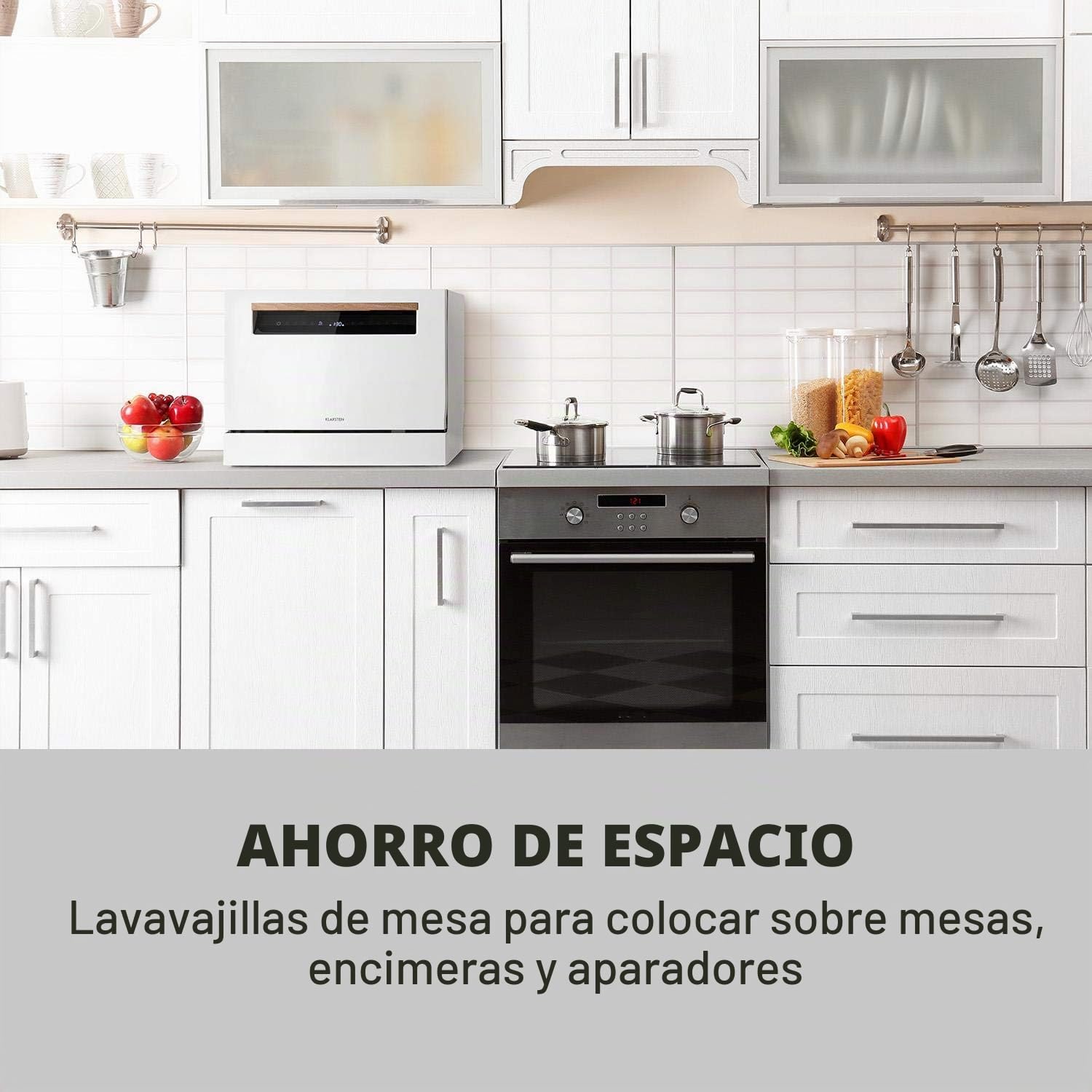 Klarstein Lagoona Mini lavavajillas de libre instalación, Potencia: 1380 W, 6 servicios estándar, Consumo de agua: 6,5 L, 7 programas más secado extra, 49 dB, panel táctil negro, blanco
