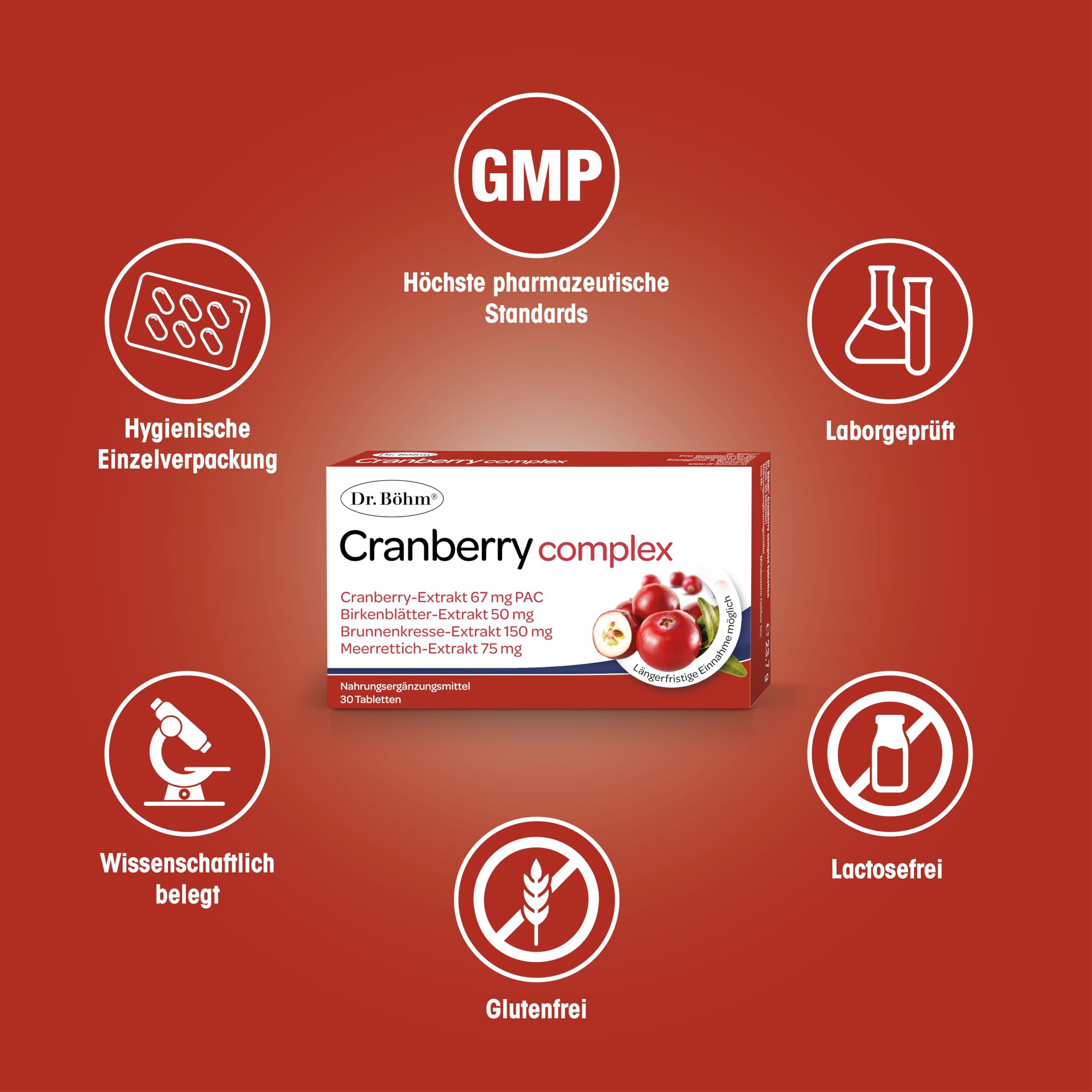 Dr. Böhm Cranberry complex: Für gesunde Harnwege und Blase, mit hochdosiertem Cranberry-Extrakt, Birkenblättern, Brunnenkresse & Meerrettich, 30 Tabletten