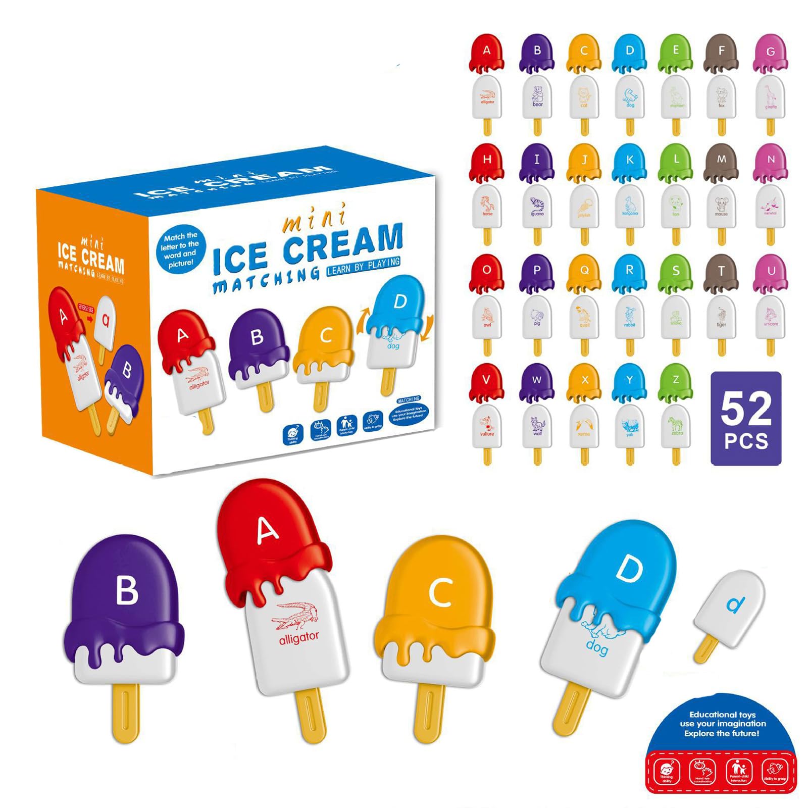 NLAIOUSL Early Childhood Education Ice Cream Sorting Toy 26PCS Letter Number Matching Educational Learning Activities for Kids Letter Number Matching Game