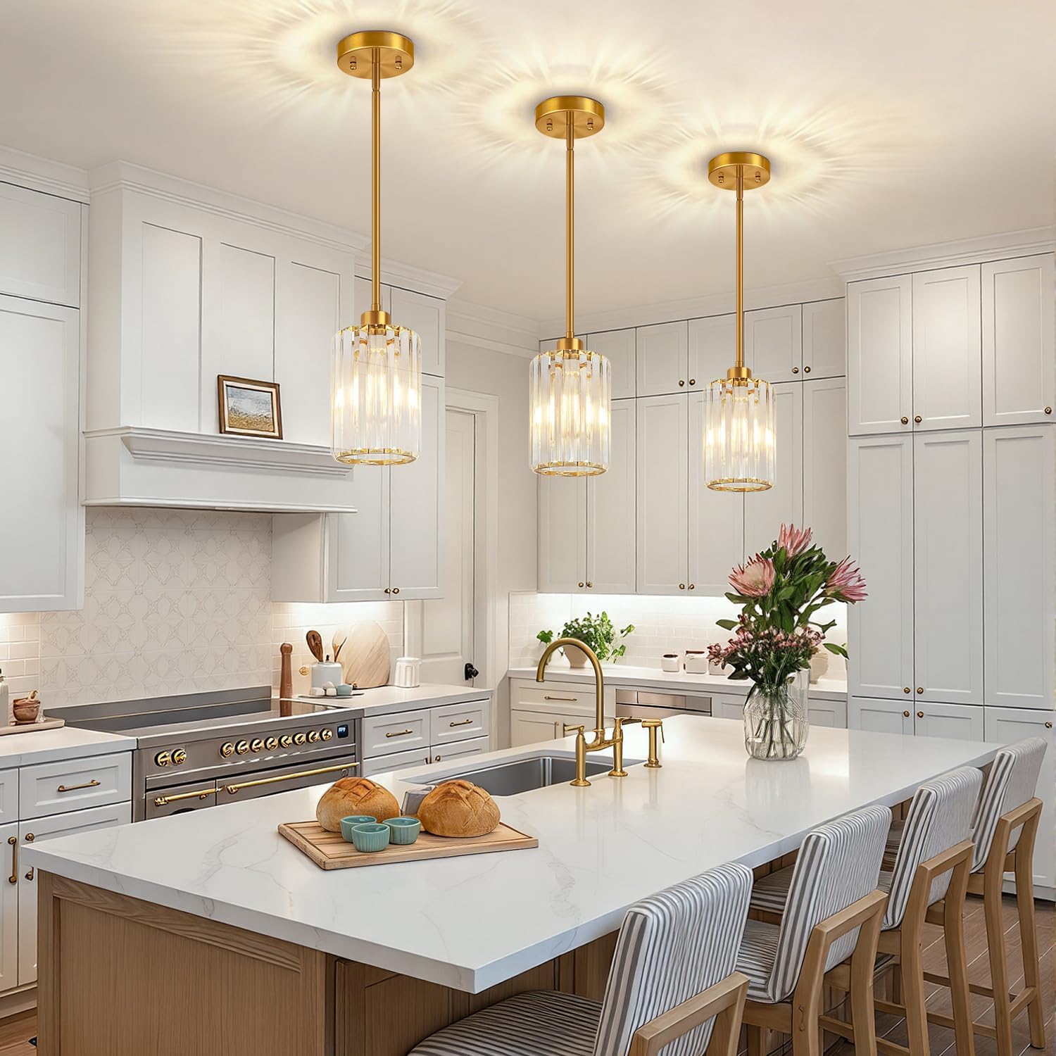 1 Pack Brushed Gold Pendant Lights Kitchen Island, Modern Crystal Chandelier Kitchen Pendant Lighting Over Island, Adjustable Hanging Mini Light Fixtures for Dining Room Hallway Corridor Bedroom