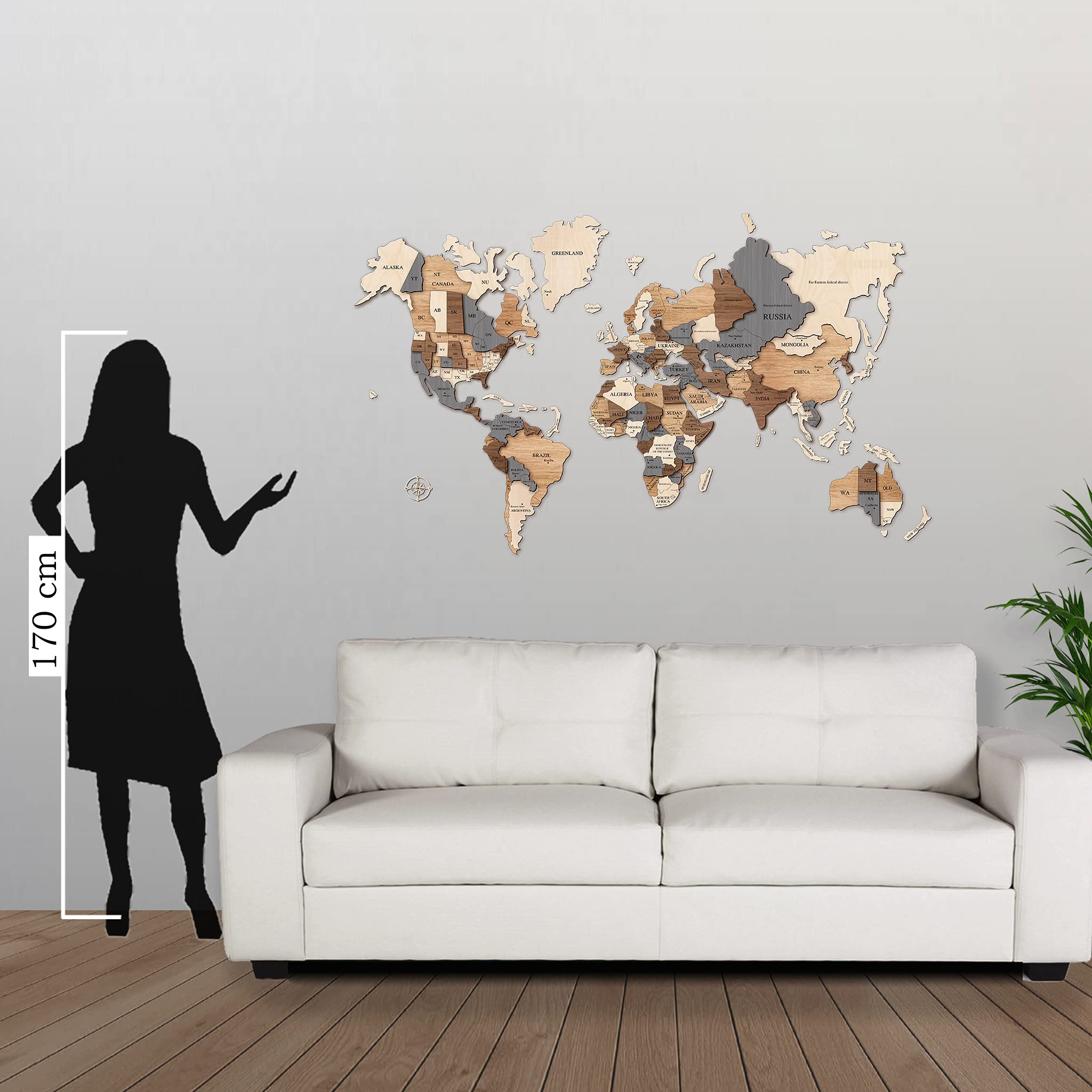 Kimy Design - Mappa del Mondo da Parete in Legno Original | Dimensioni 80x123cm | Planisfero Geografico a Puzzle 3D per Decorare i tuoi Ambienti: Soggiorno, Ufficio, Camera - Wooden World Map 3D