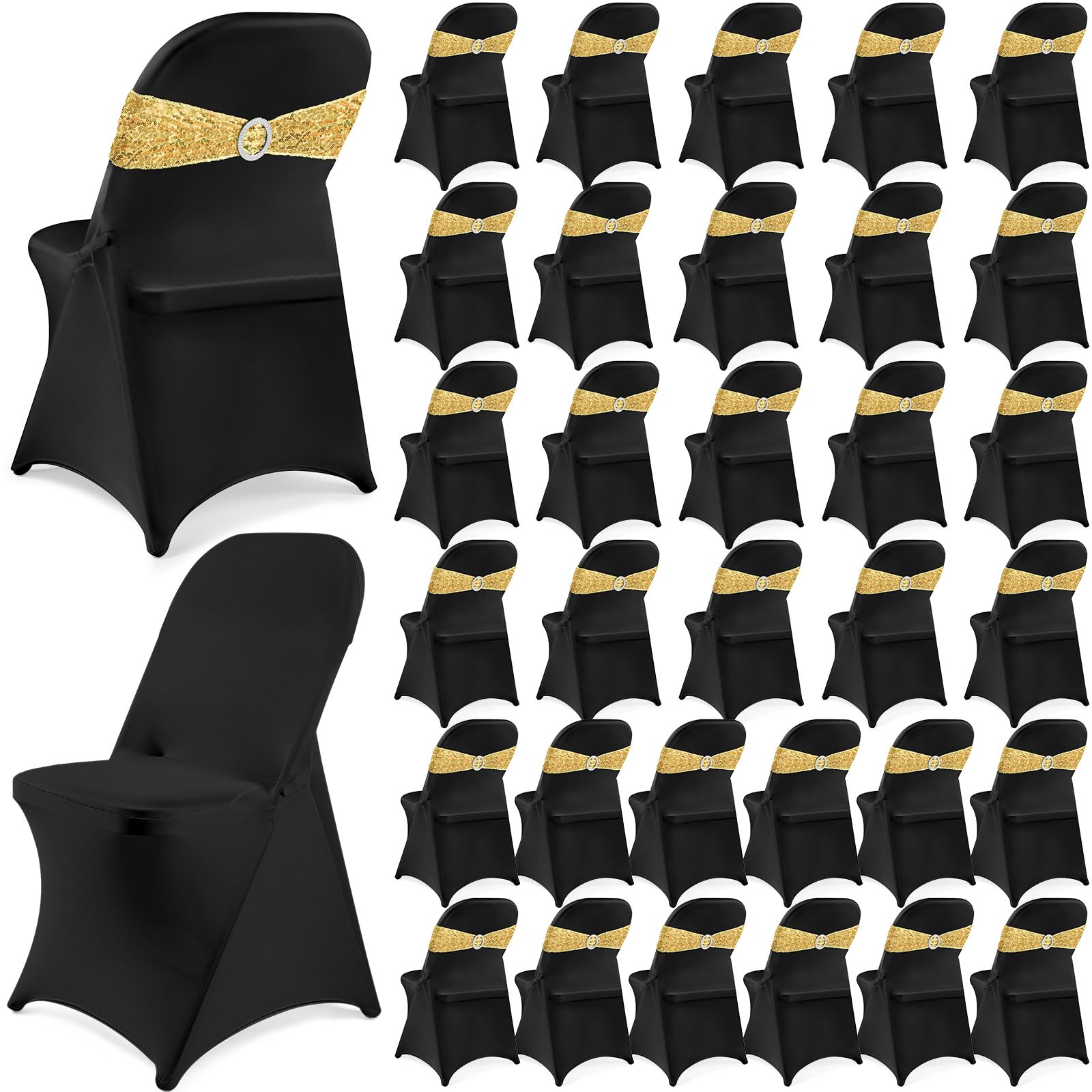 64 Pcs 32 Sets Folding Chair Cover and Chair Sashes Set Spandex Stretch Chair Slipcovers Elastic Chair Ties Chair Bands Bows with Buckle Slider for Wedding Banquet Party (Black,Gold)