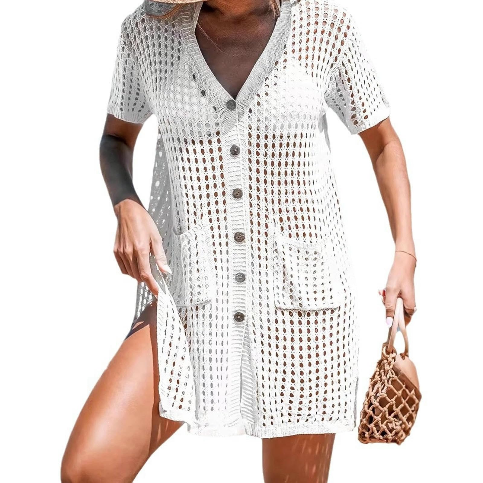 Gyios Beach Cover Up Crochet For Women Short Sleeve Button Front Dress Ups-white-m