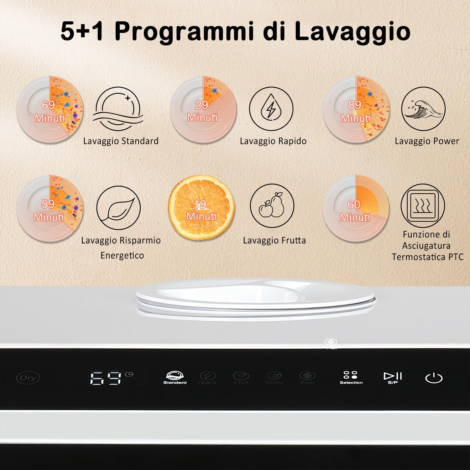 YU YUSING Mini Lavastoviglie Piccola 45 cm 5 Coperti, 5+1 Programmi, Asciugatura PTC, con o senza Alimentazione Idrica, Lavastoviglie Portatile, Serbatoio da 5L, Display LED, Bianco e Nero