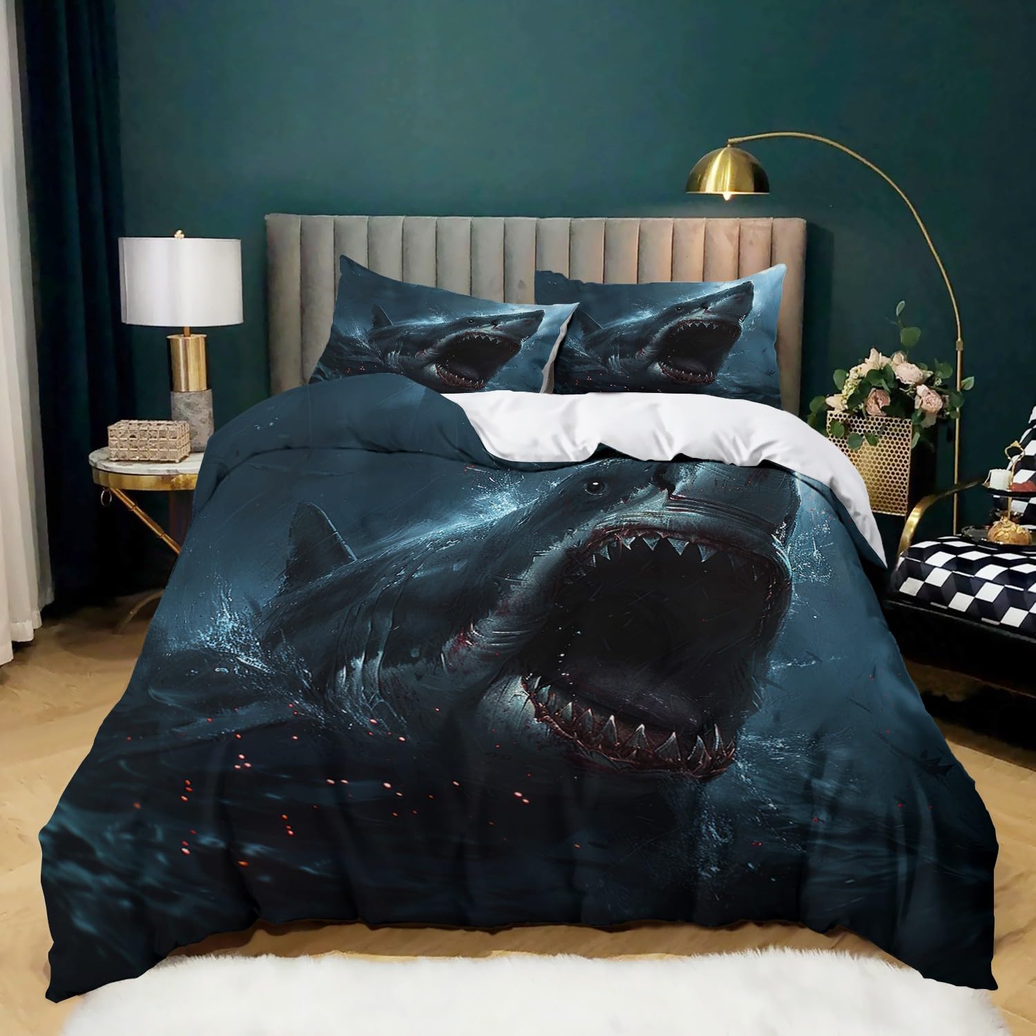 Housse de couette 220x240 cm requin avec taies d'oreiller en microfibre pour lit enfant